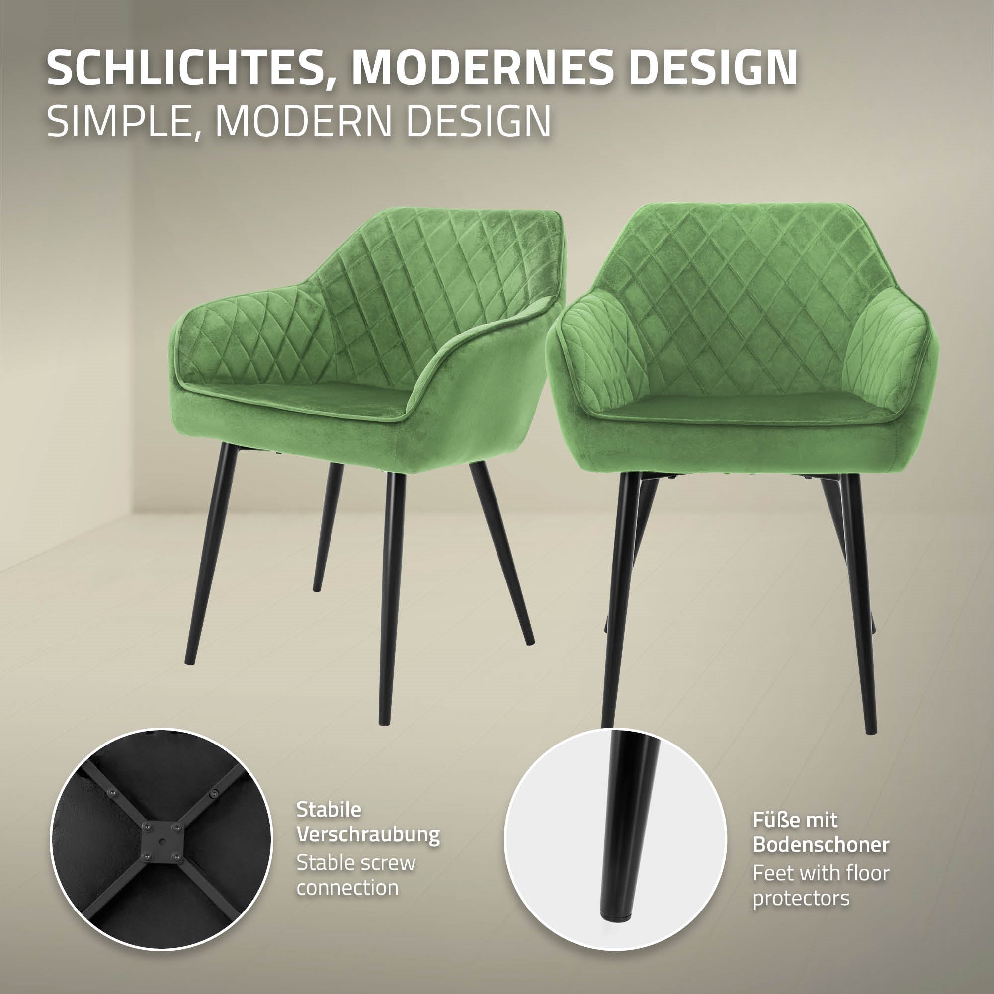 Dvě zelené židle s moderním designem, pod nimi grafika se stabilním šroubovým spojem.