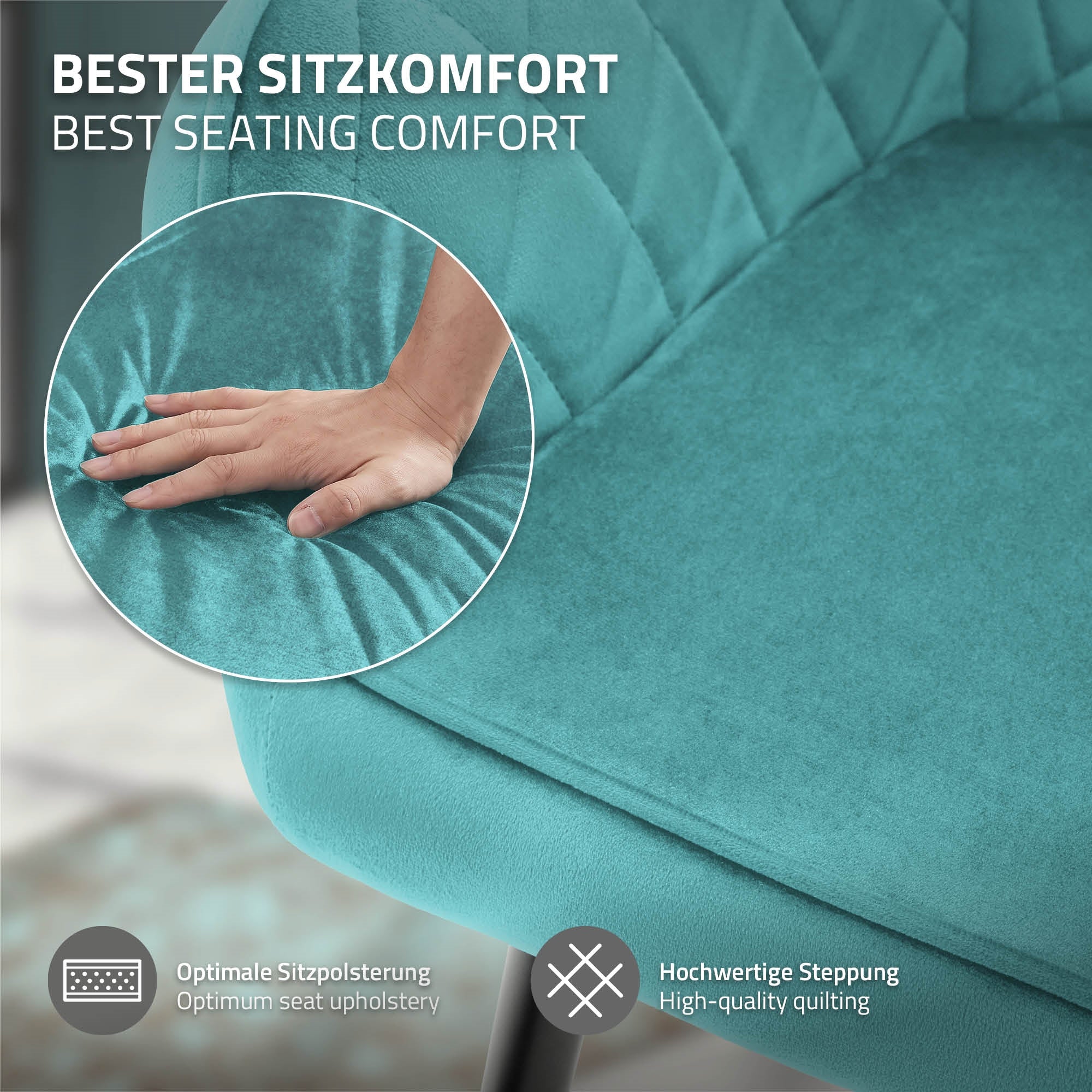 Detailní záběr ruky na polstrované židli s měkkým povrchem v tyrkysové barvě.