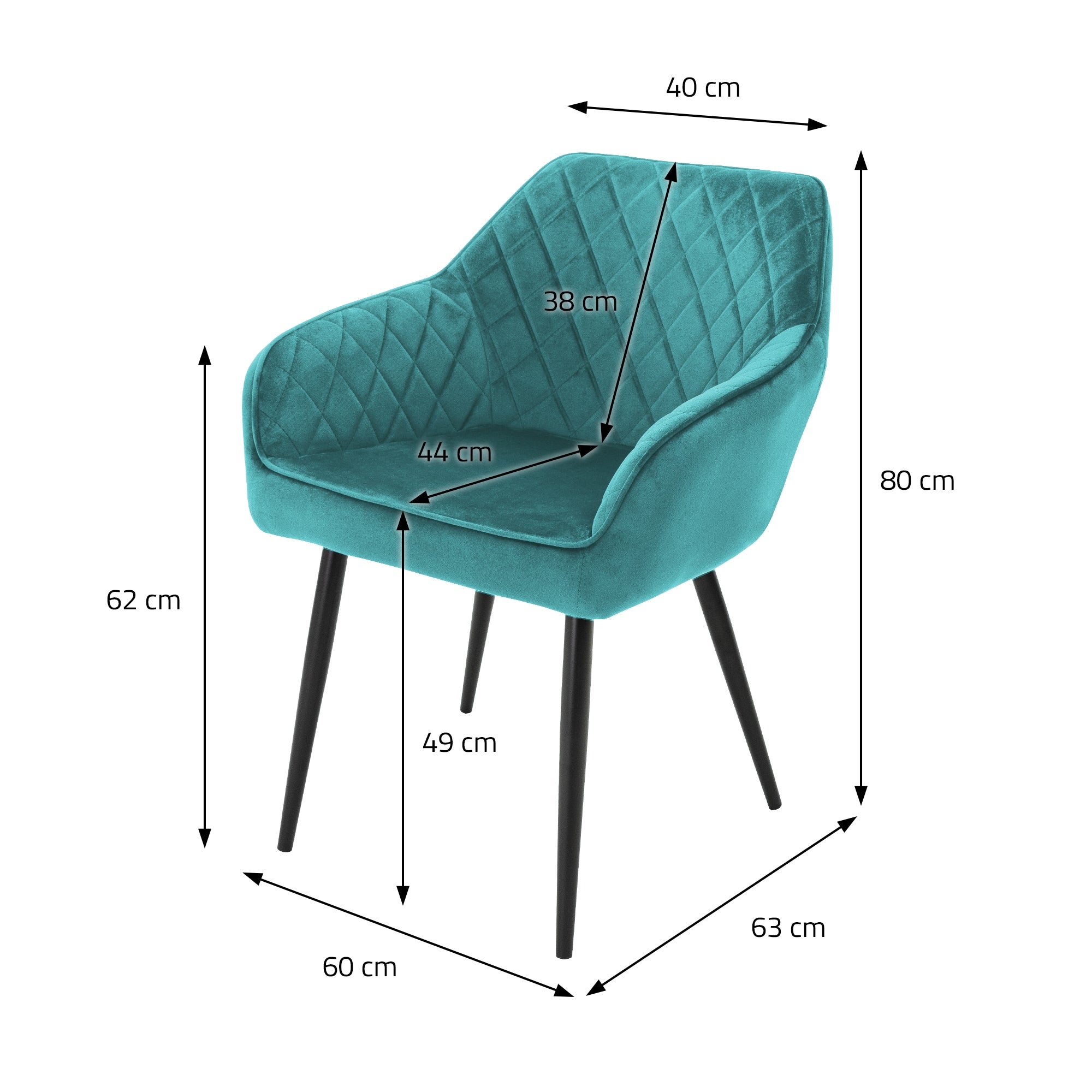 Tyrkysová židle s rozměry a geometrickými liniemi na bílém pozadí.
