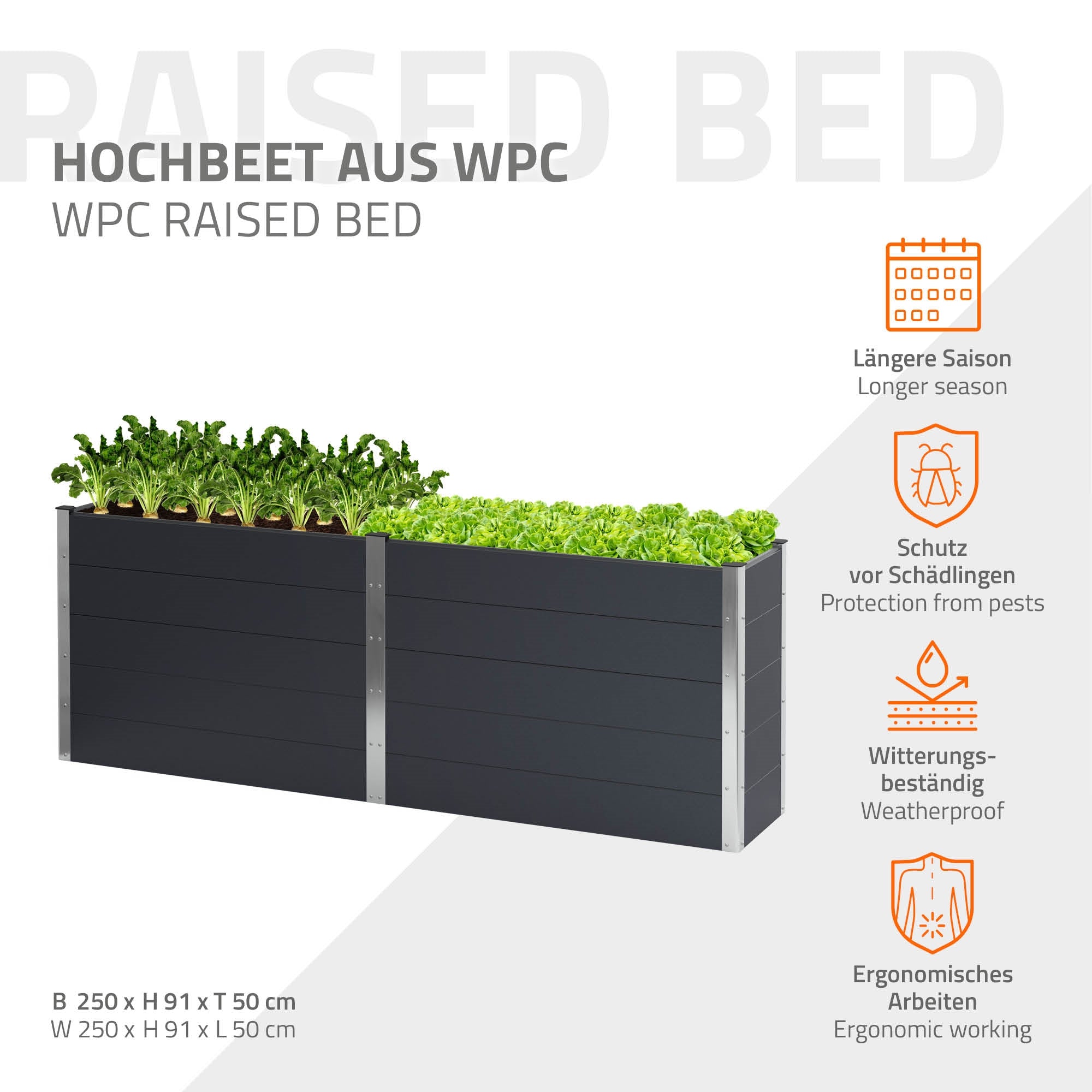 Hochbeet aus WPC mit Pflanzen, wetterbeständig und schädlingsgeschützt.