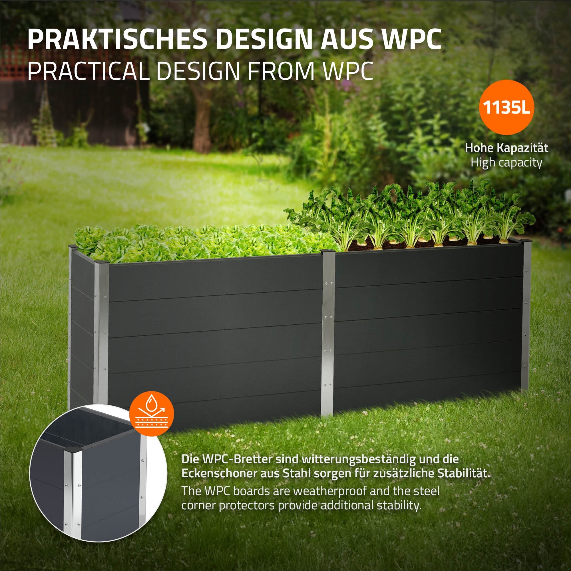 Hochbeet aus WPC mit Pflanzen, stabiler Stahlrahmen, hohe Kapazität.