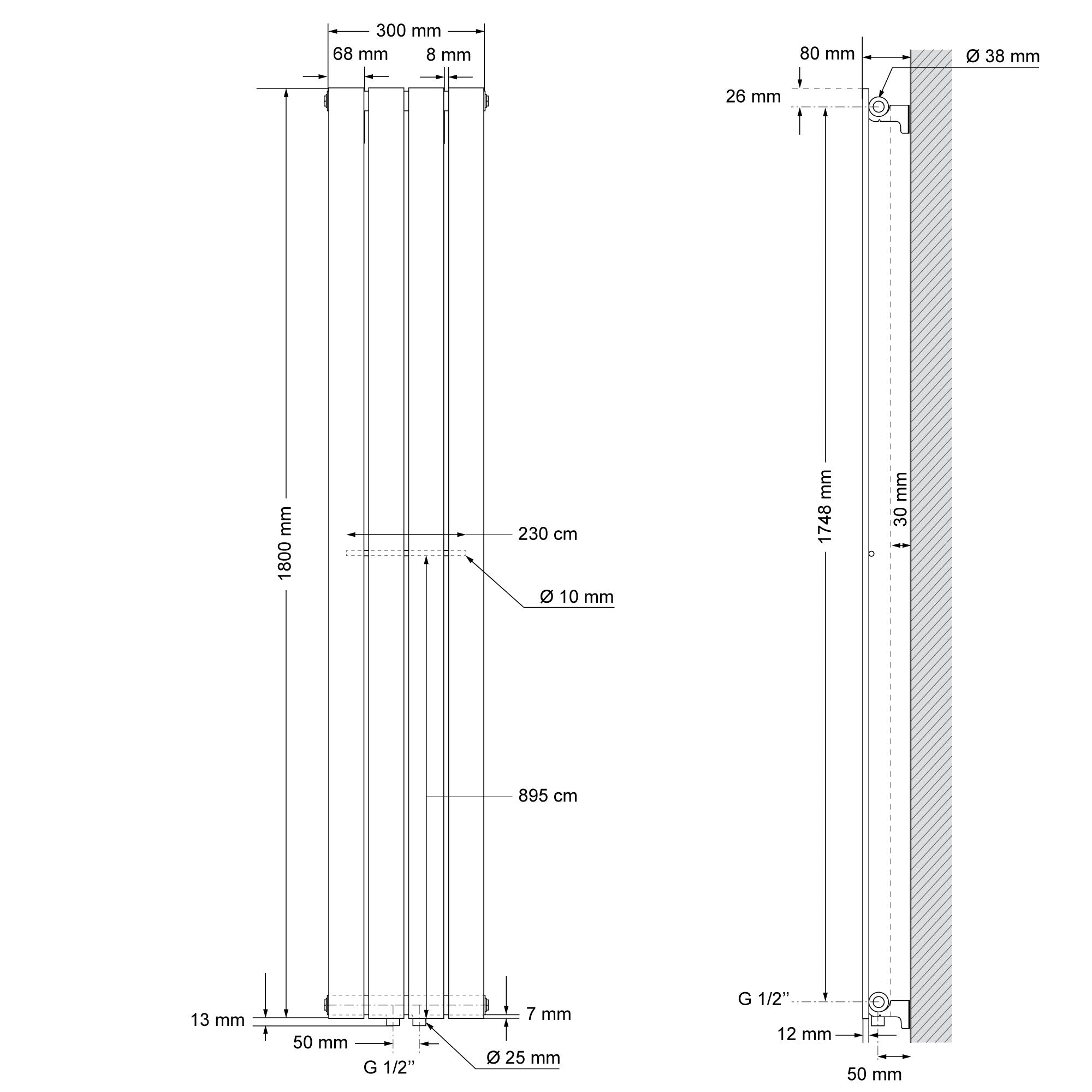 Dibujo técnico de un panel calefactor con medidas.