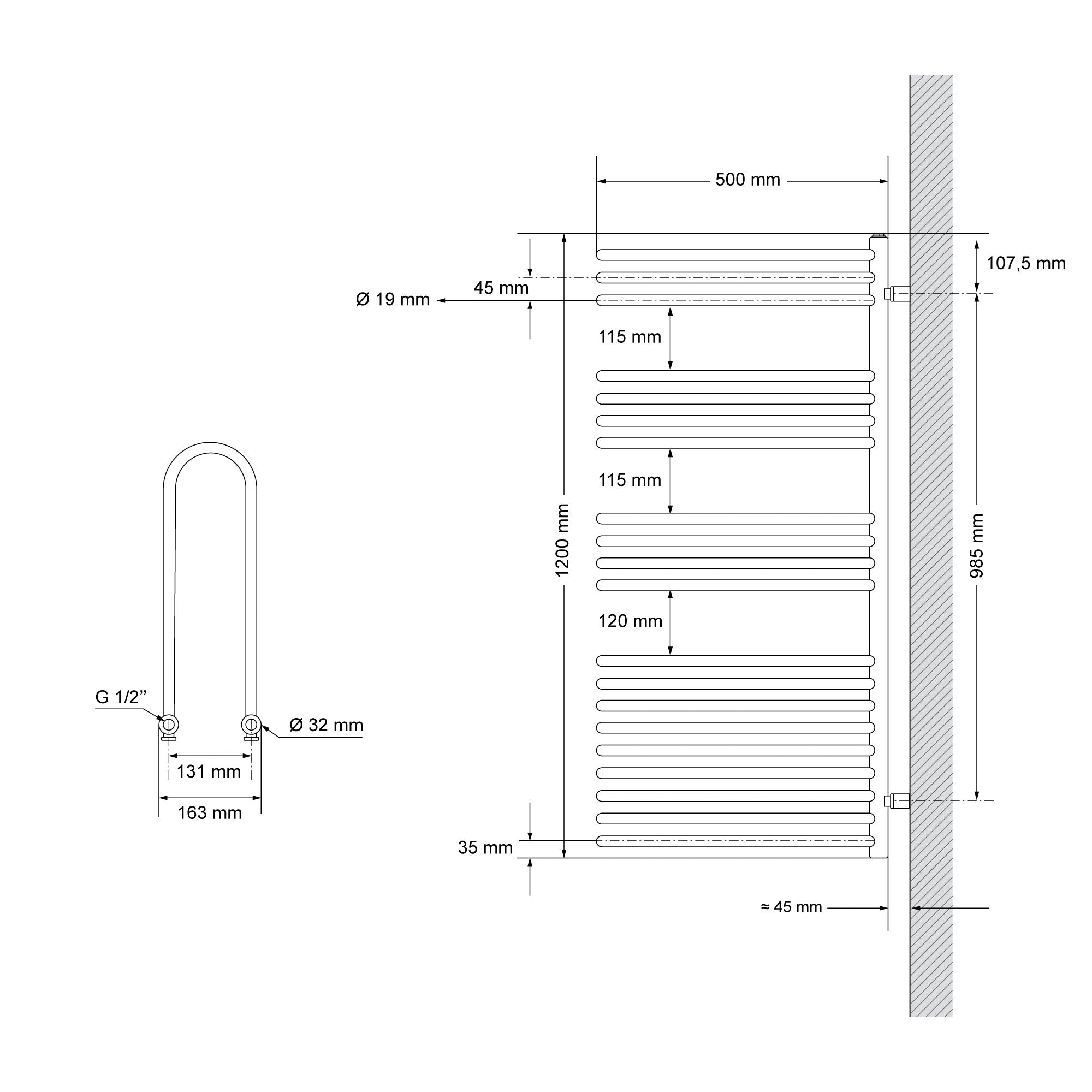 Disegno tecnico di un radiatore scaldasalviette con misure.