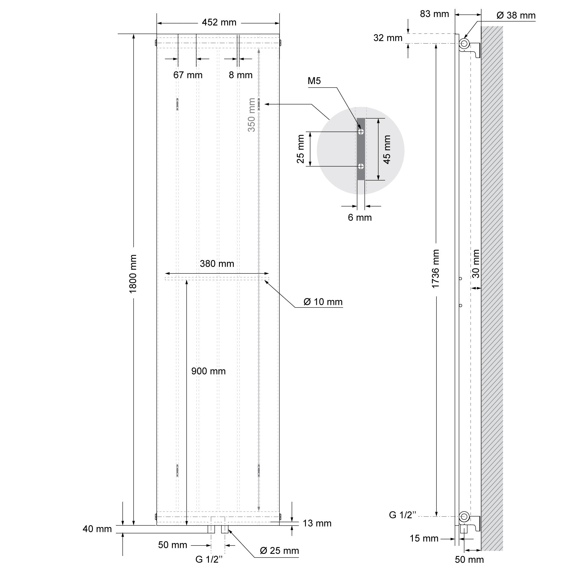 Dessin technique d'un radiateur avec dimensions et détails.