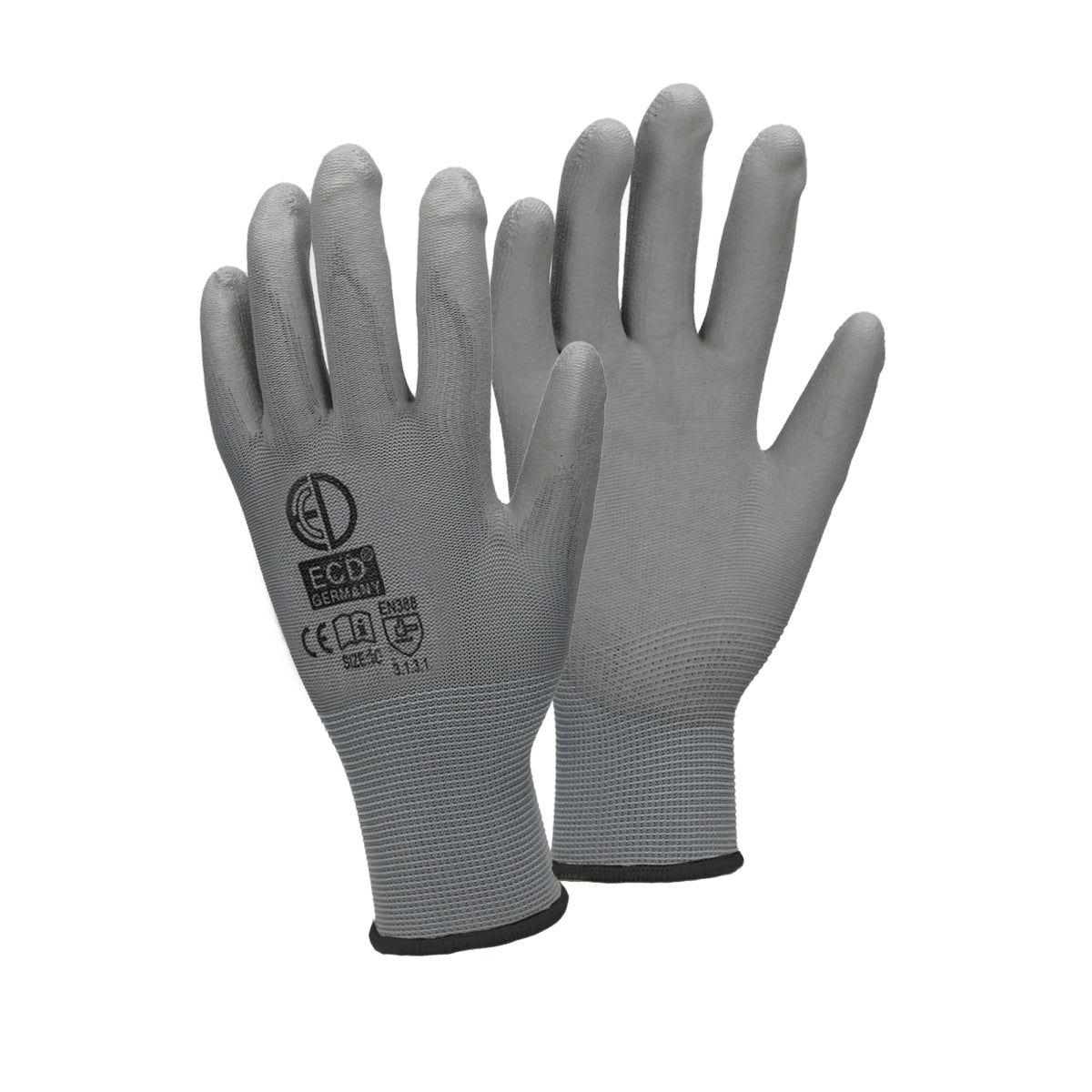 Twee grijze mechanische handschoenen met zwarte rand op een witte achtergrond.