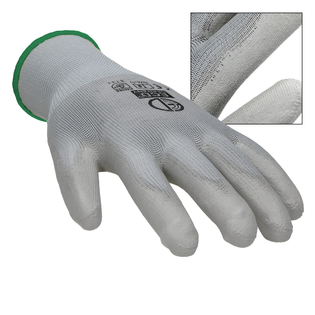 Gray mechanic glove with green cuff and textured palm area.