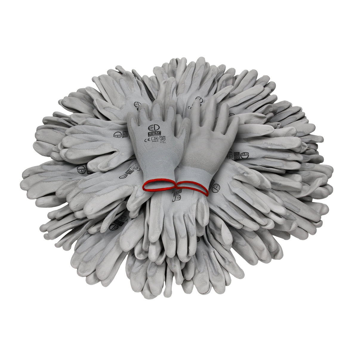 Stack of gray mechanic gloves in various positions.