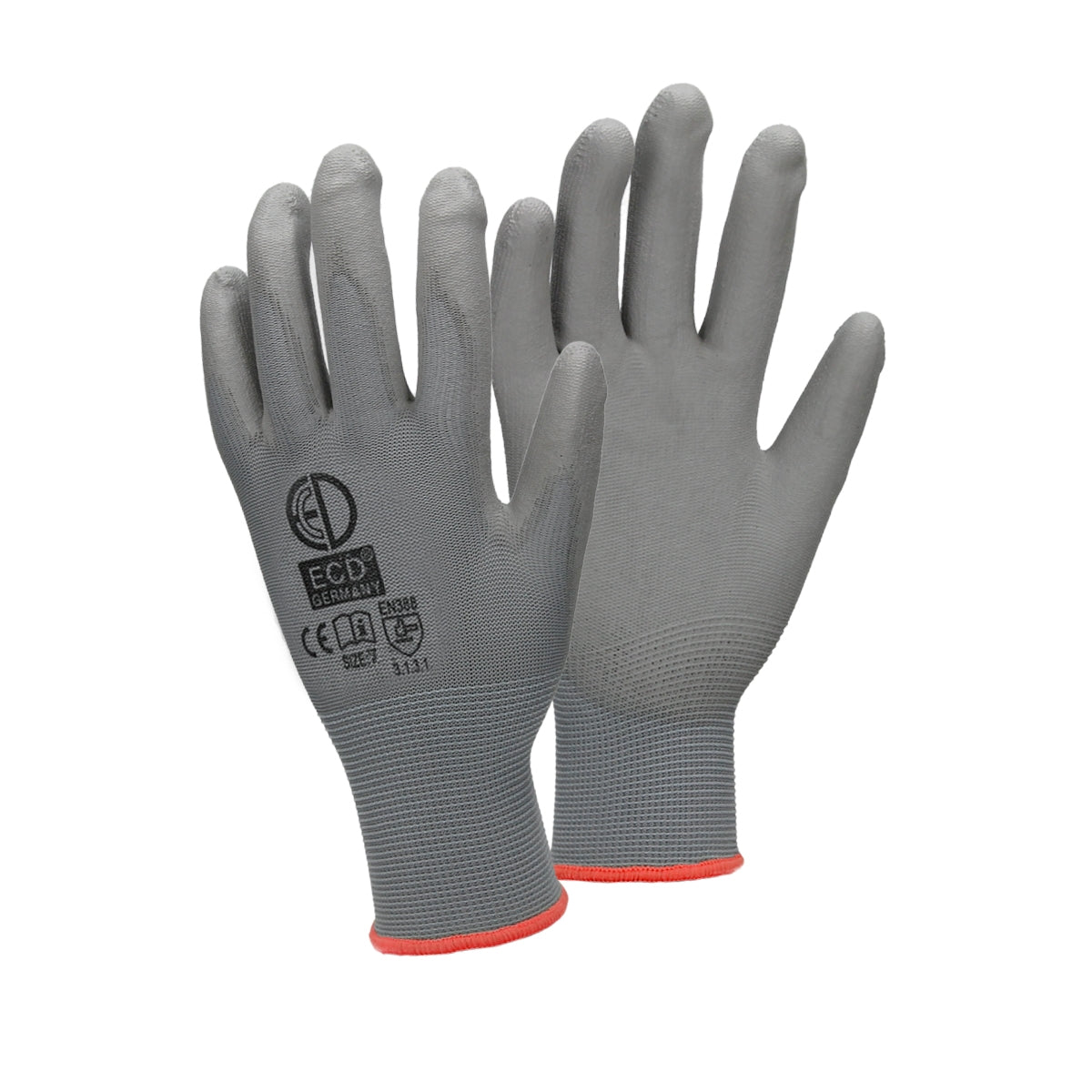 Twee grijze mechanic handschoenen, zichtbaar van voren.