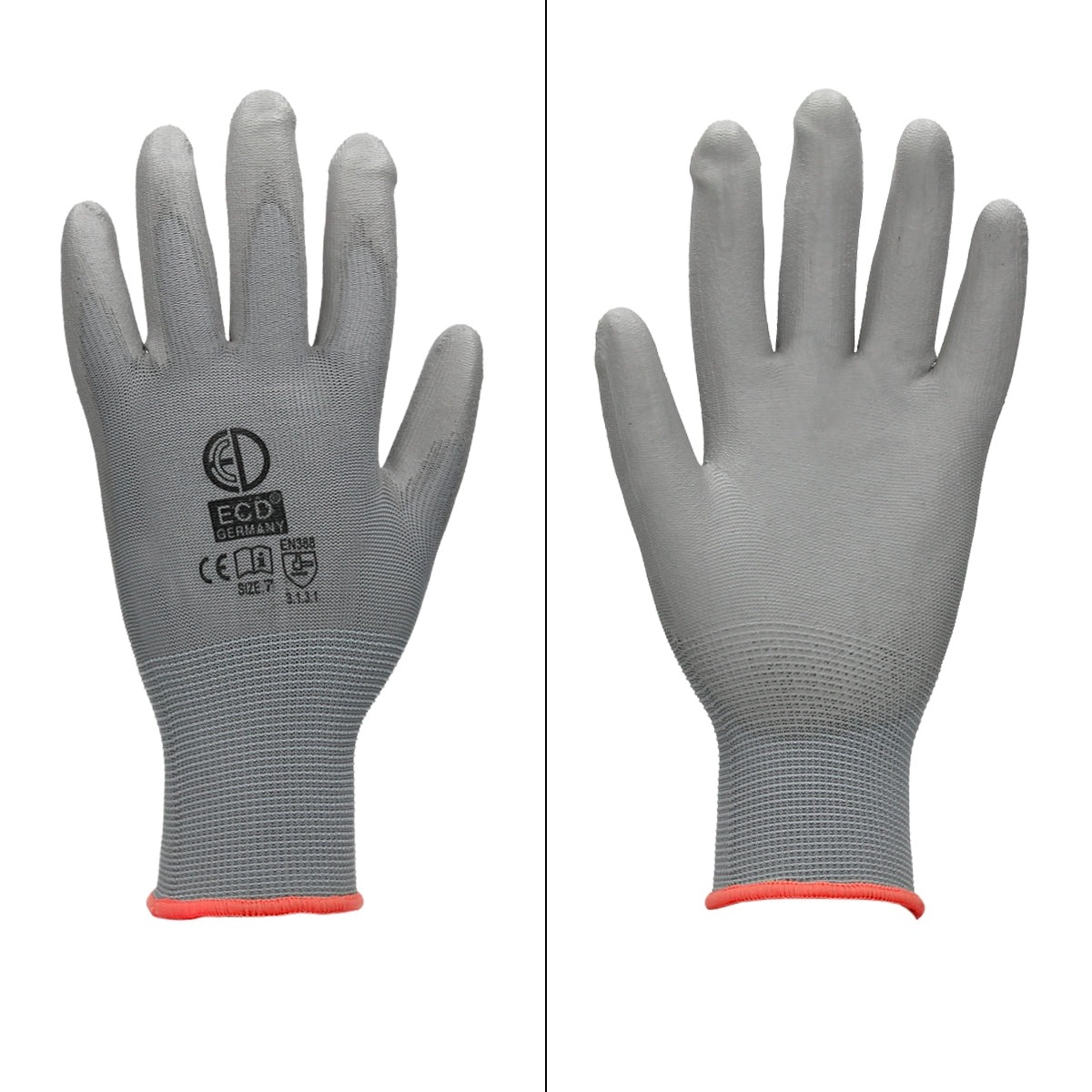 A gray mechanic glove with red edge on a white background.