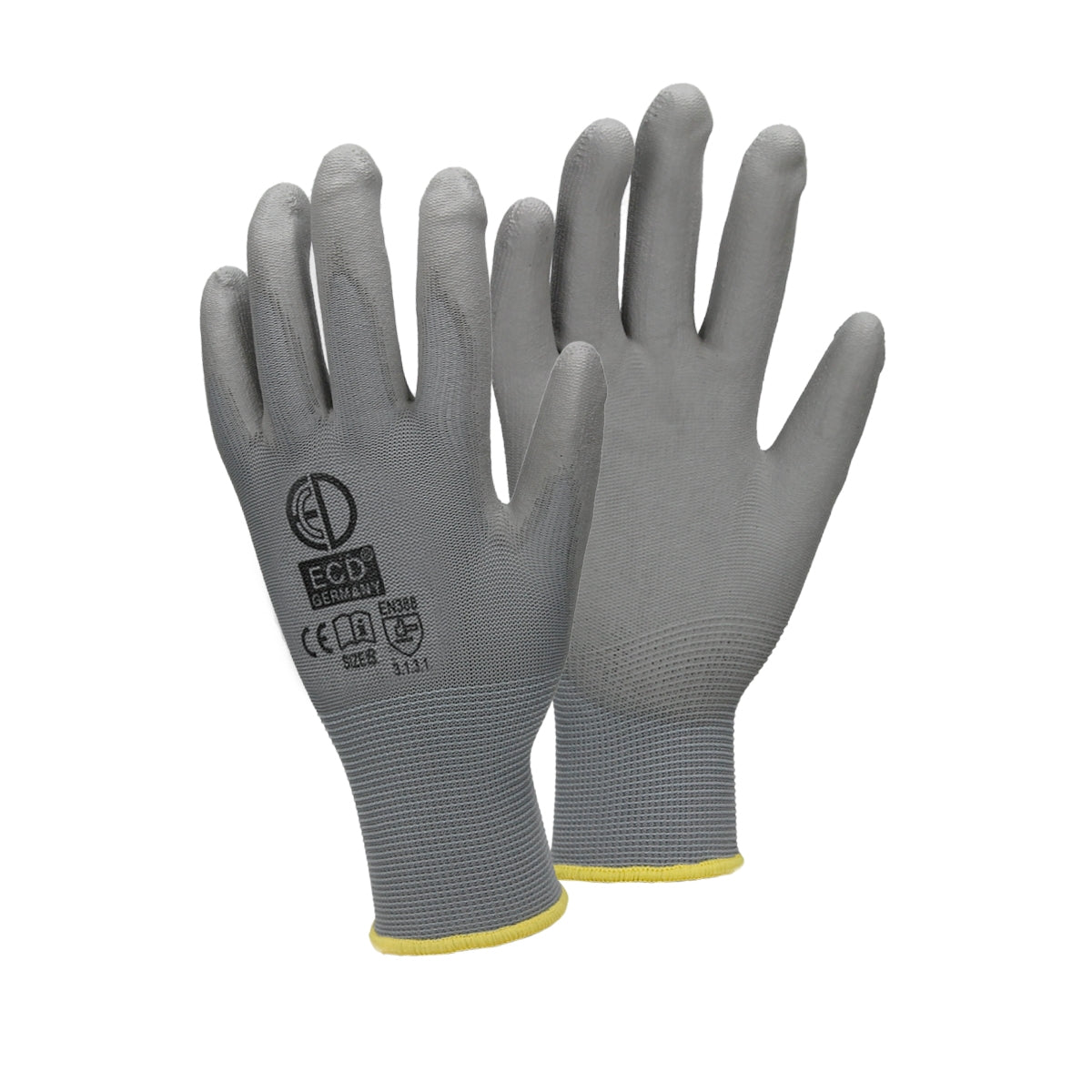 Twee grijze mechanic handschoenen met gele manchette op een witte achtergrond.