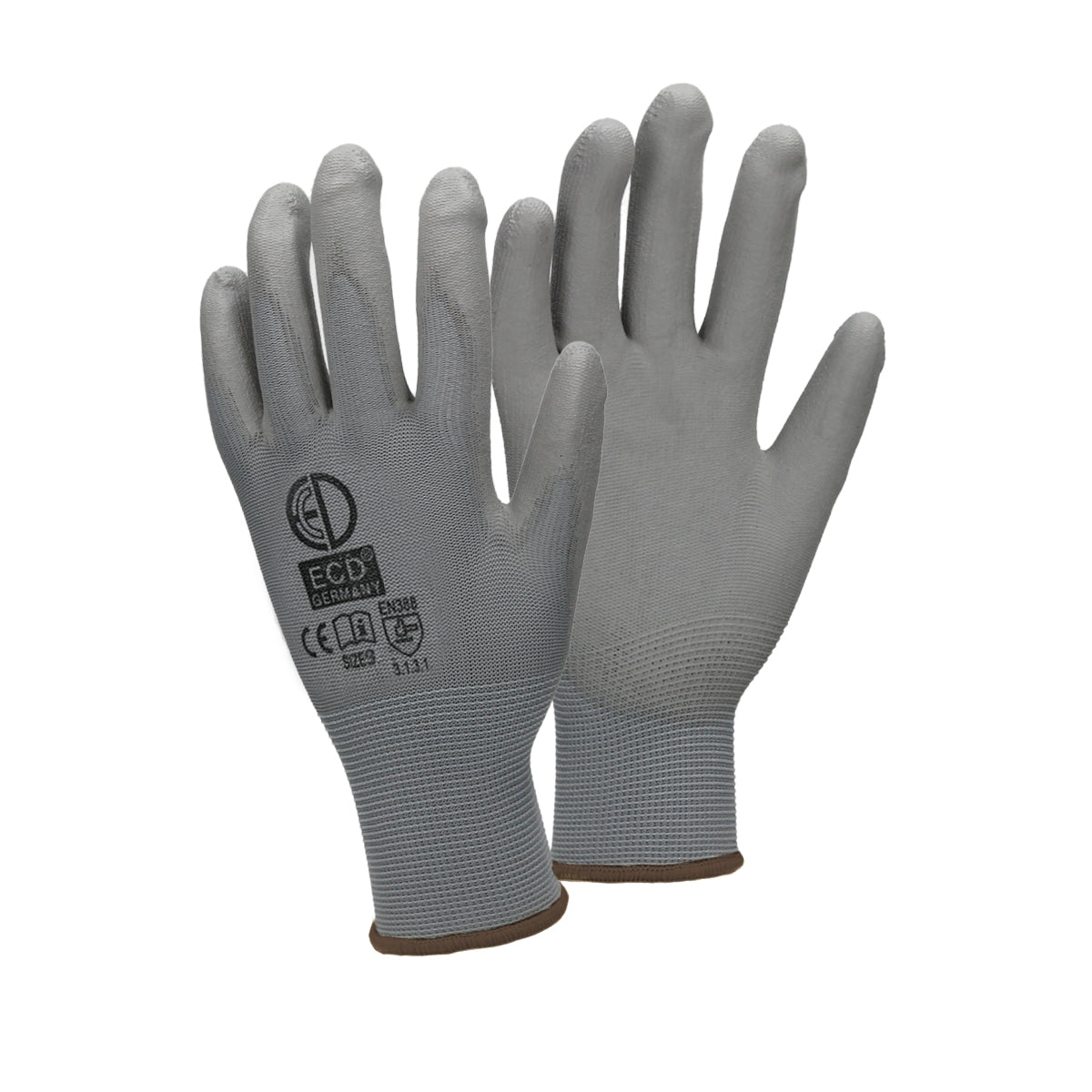 Grijze mechanische handschoen met elastische band.