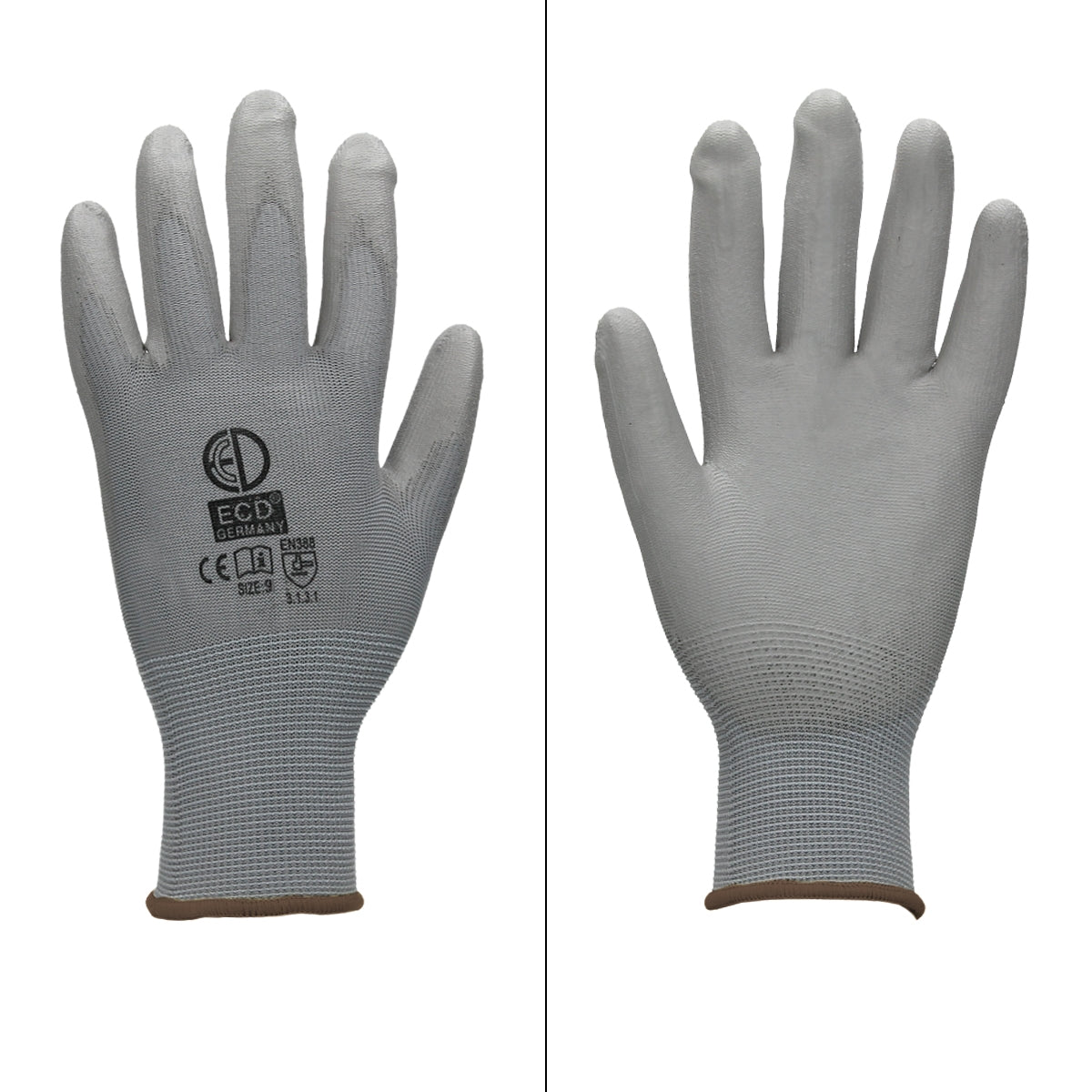 Gray mechanic glove, visible from the front, with logo.