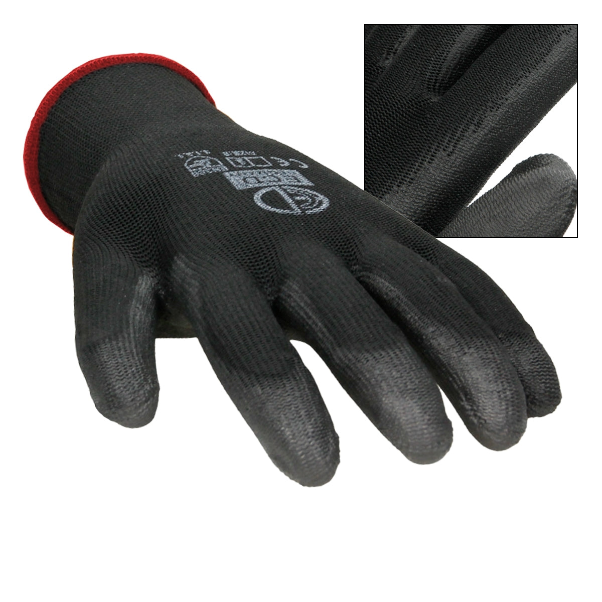 Schwarzer Mechanikerhandschuh mit rotem Bund, seitliche Ansicht.