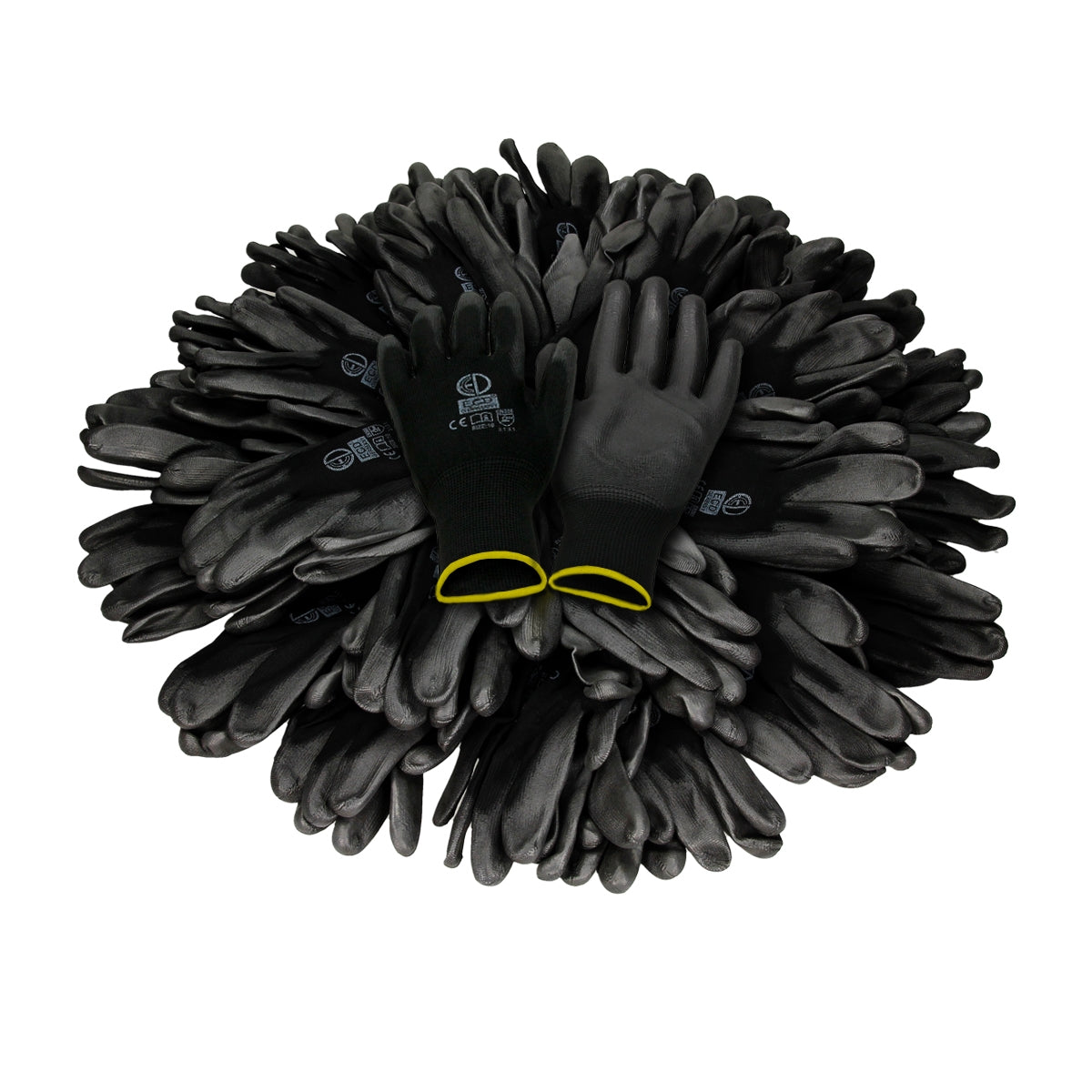 Schwarze Mechanikerhandschuhe in Größe M, auf einem Haufen liegend.