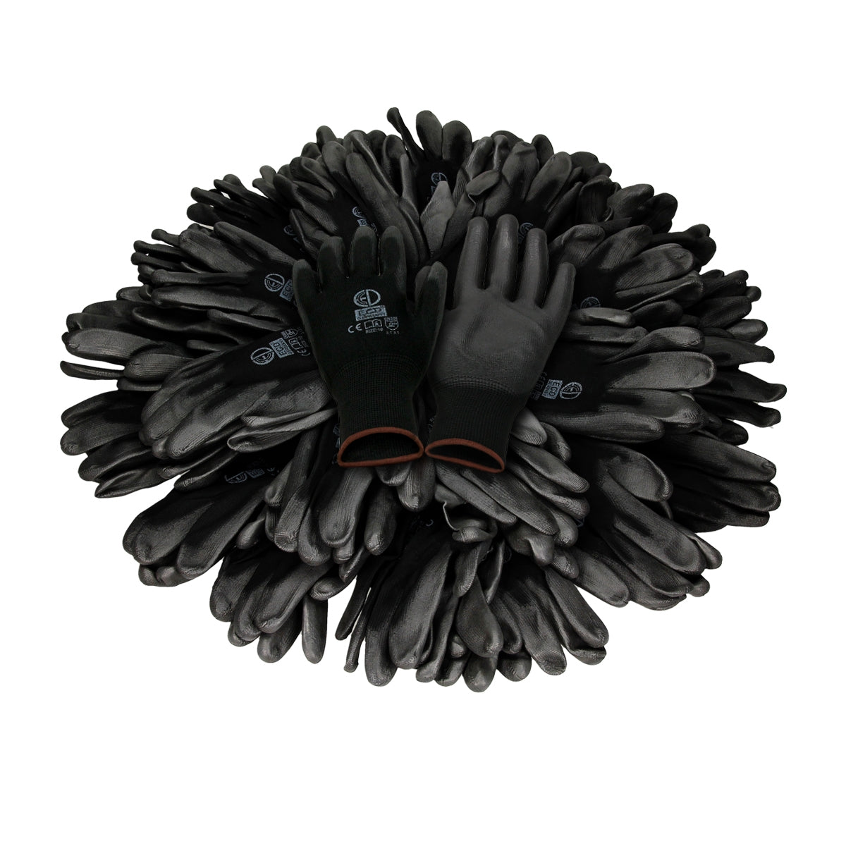 Varios guantes de mecánico negros en una disposición circular.