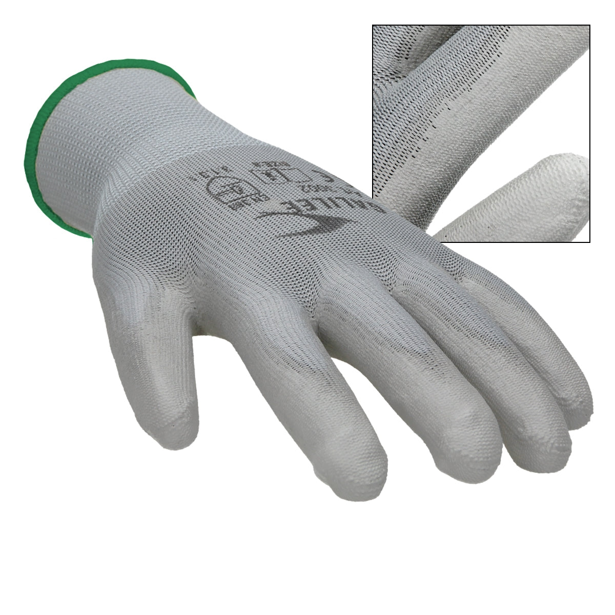 Grijze mechanische handschoen met groene manchette, detailweergave van de hand.
