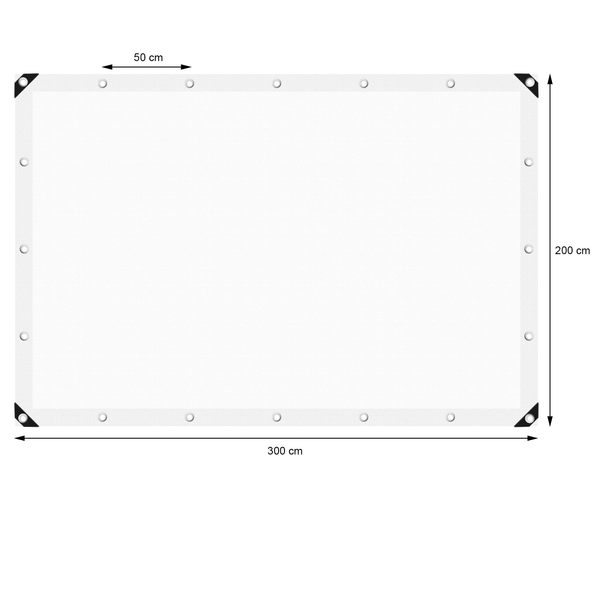 Witte zeil met afmetingen 300 cm x 200 cm en oogjes in de hoeken.