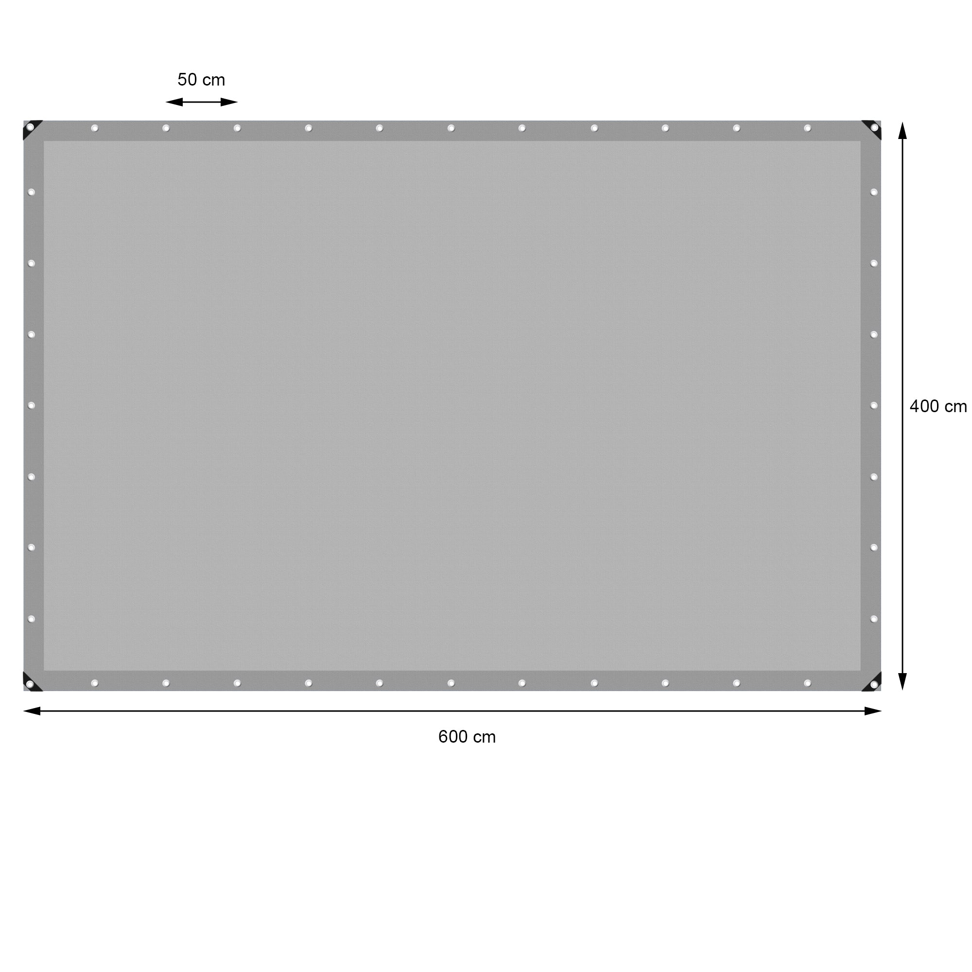 Bâche grise avec des dimensions de 600 cm x 400 cm et des œillets sur les bords.