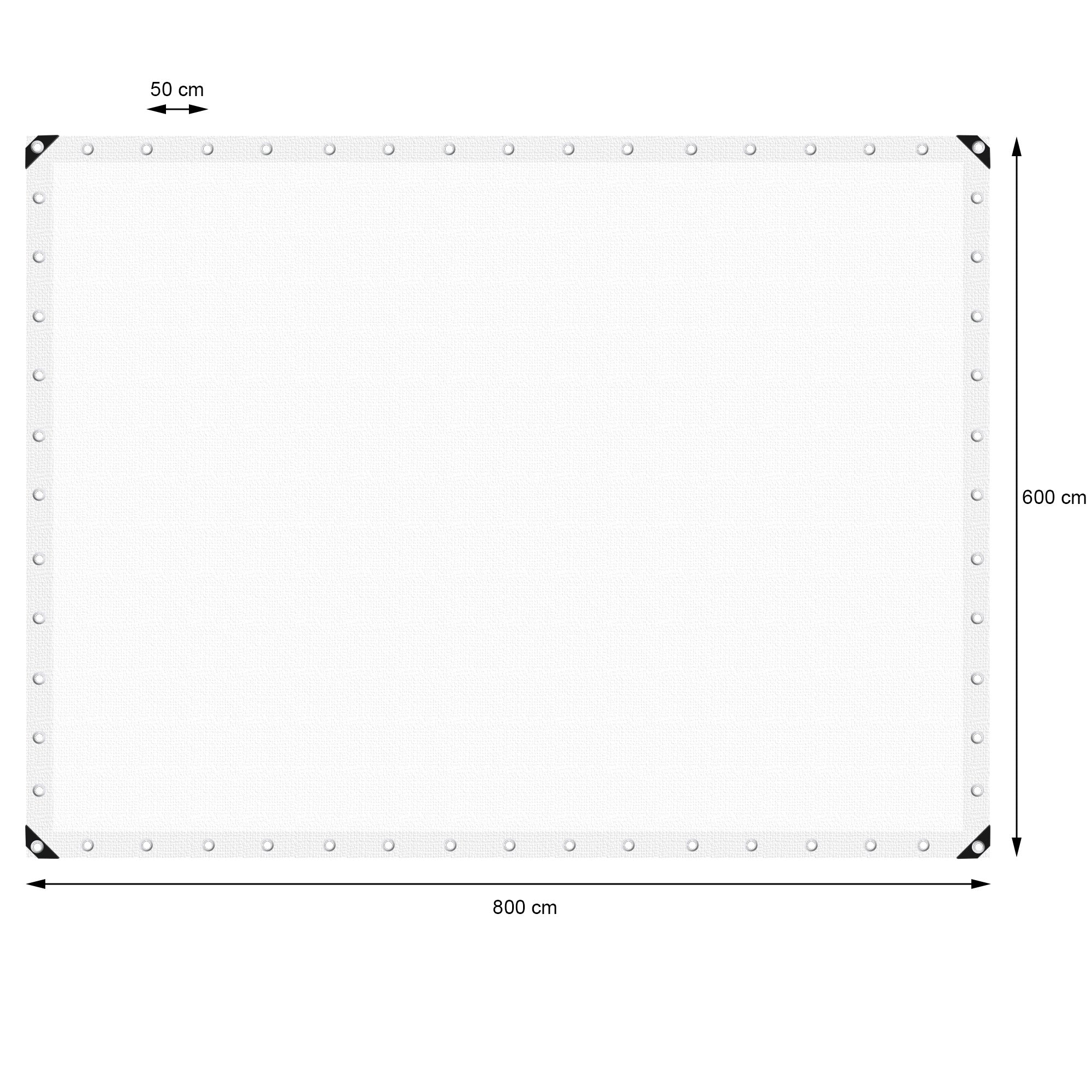 Fehér ponyva, mérete 800 cm x 600 cm, szélein gyűrűkkel.