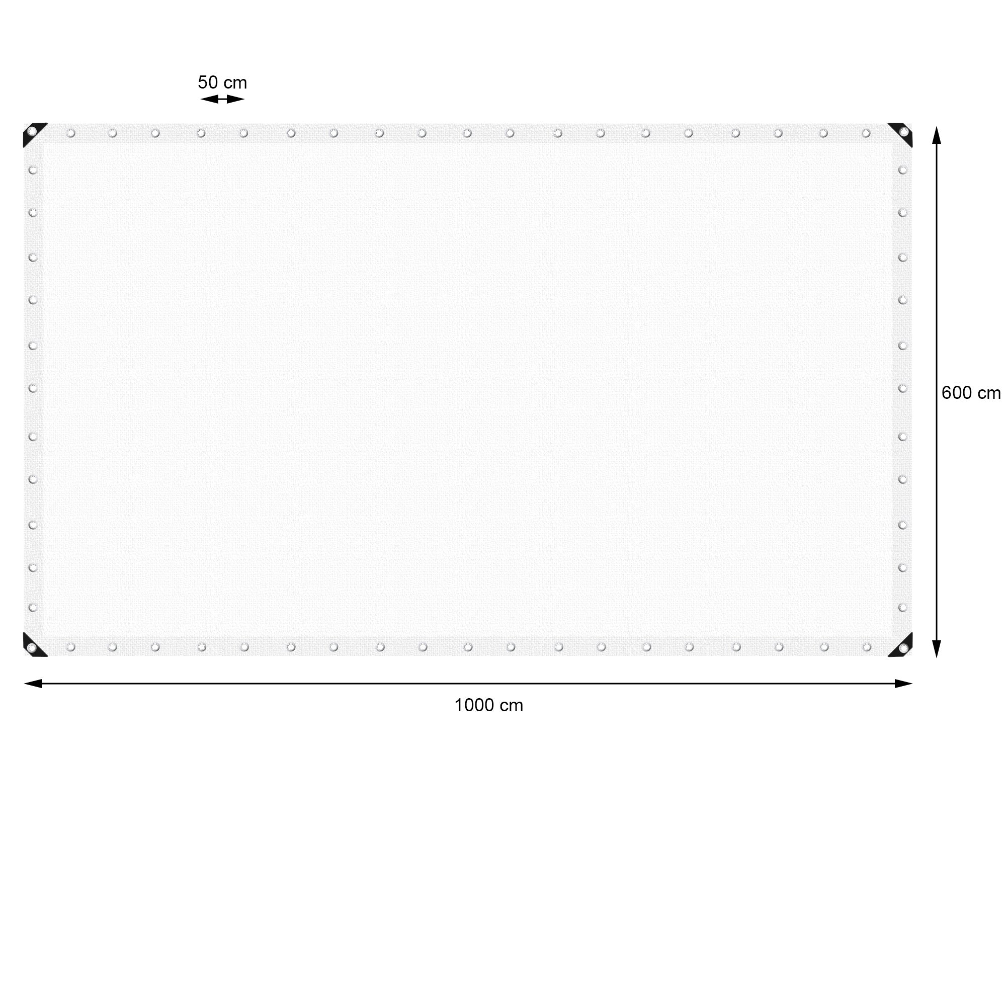 Weiße Plane mit Maßen 1000 cm x 600 cm, mit Ösen an den Ecken.