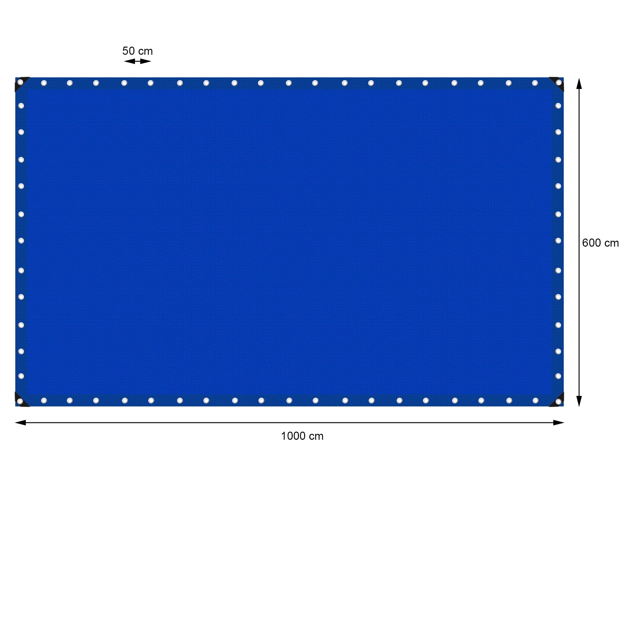 Blaue Plane mit Maßen 1000 cm x 600 cm und Ösen an den Rändern.