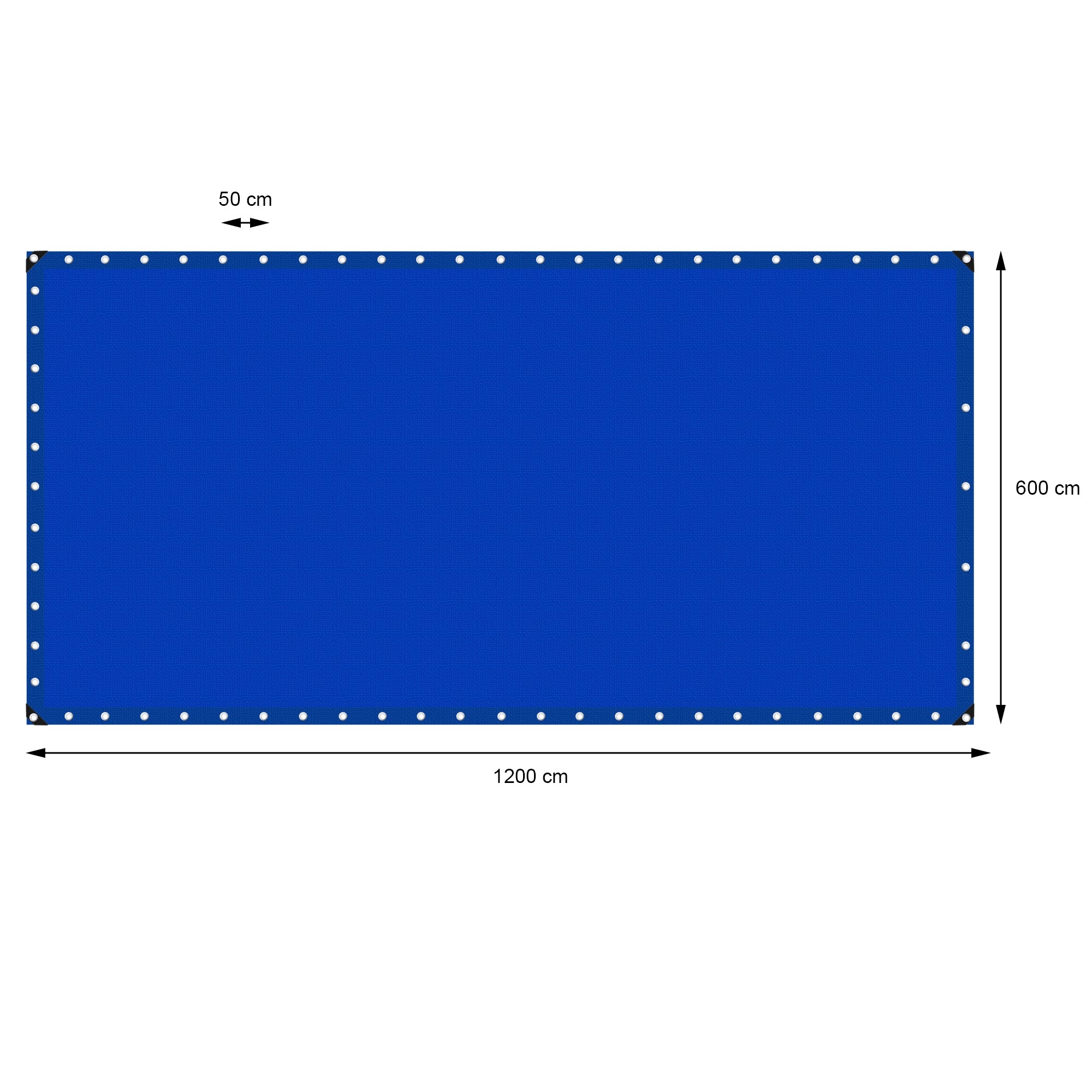 Blaue Plane mit Maßen 1200 cm x 600 cm und Ösen an den Rändern.
