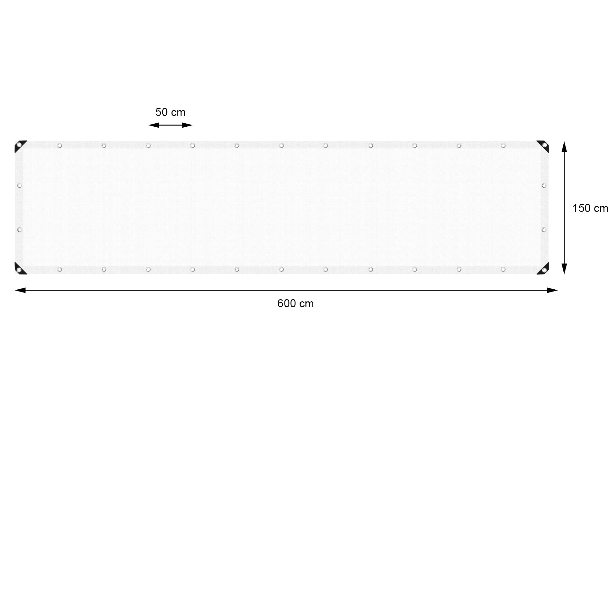 Bílá plachta s rozměry 600 cm x 150 cm, s oky v rozích.