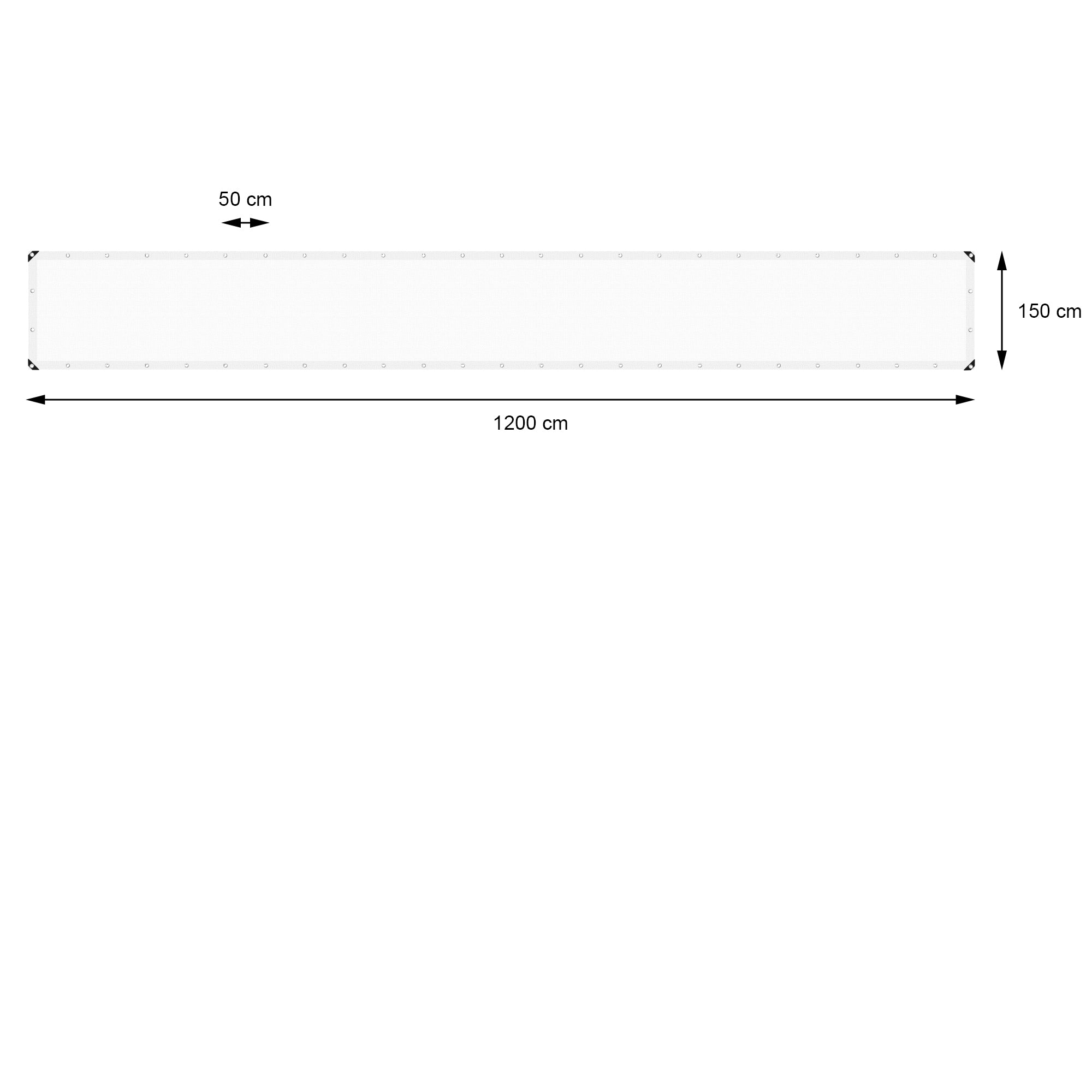 Telo bianco lungo e stretto con dimensioni 1200 cm x 50 cm.