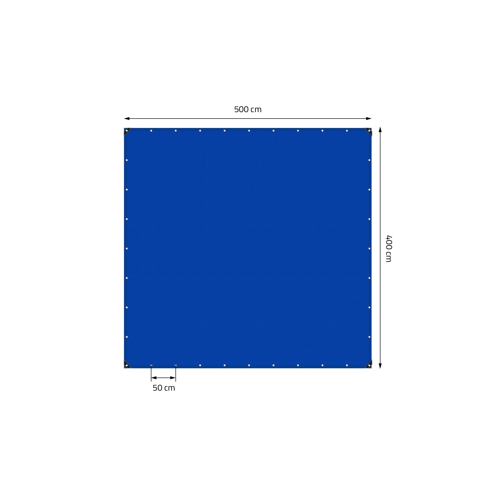 Blaue Plane mit Maßen 500 cm x 400 cm und Ösen in gleichmäßigen Abständen.
