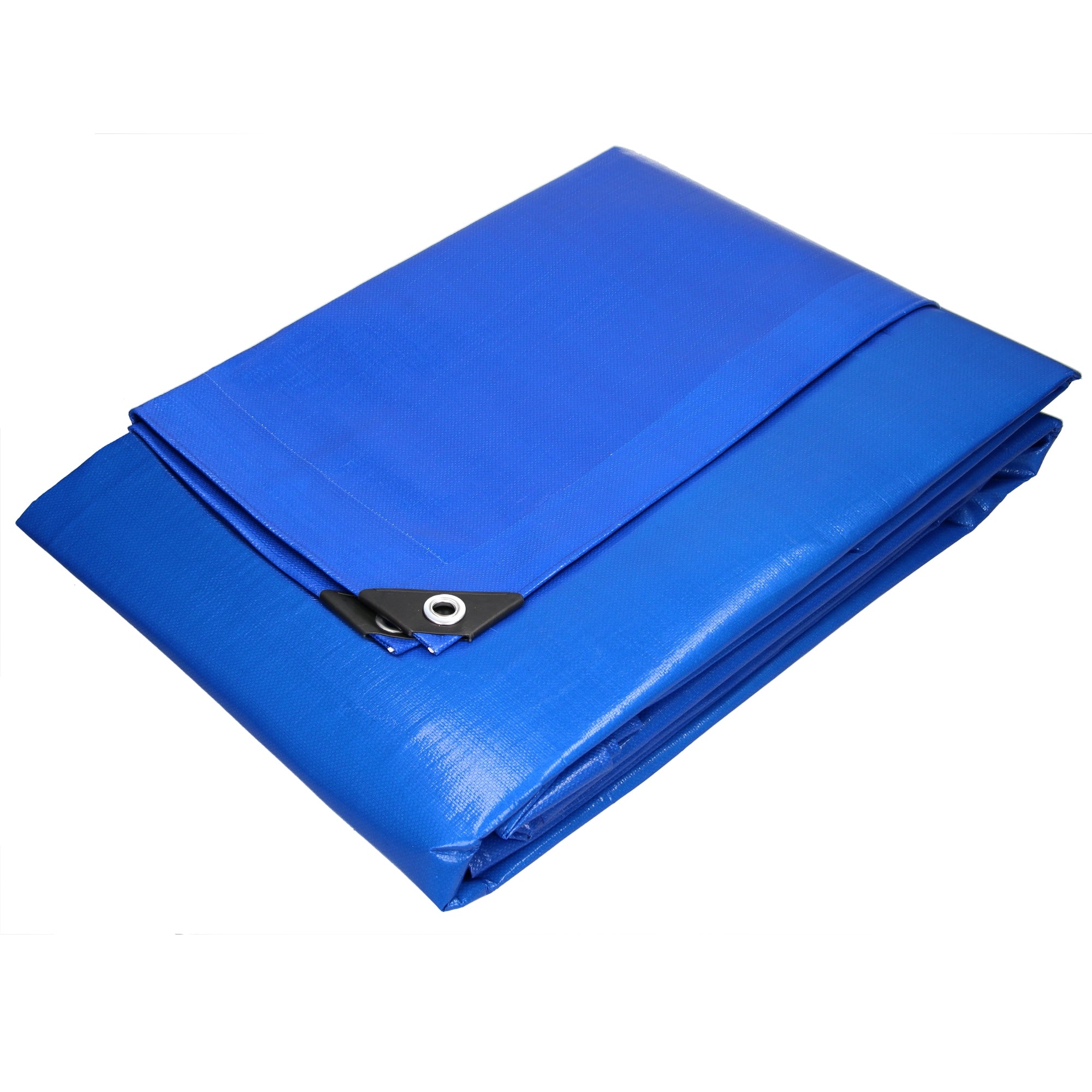 Blue tarp, folded, with black corner piece and grommet.
