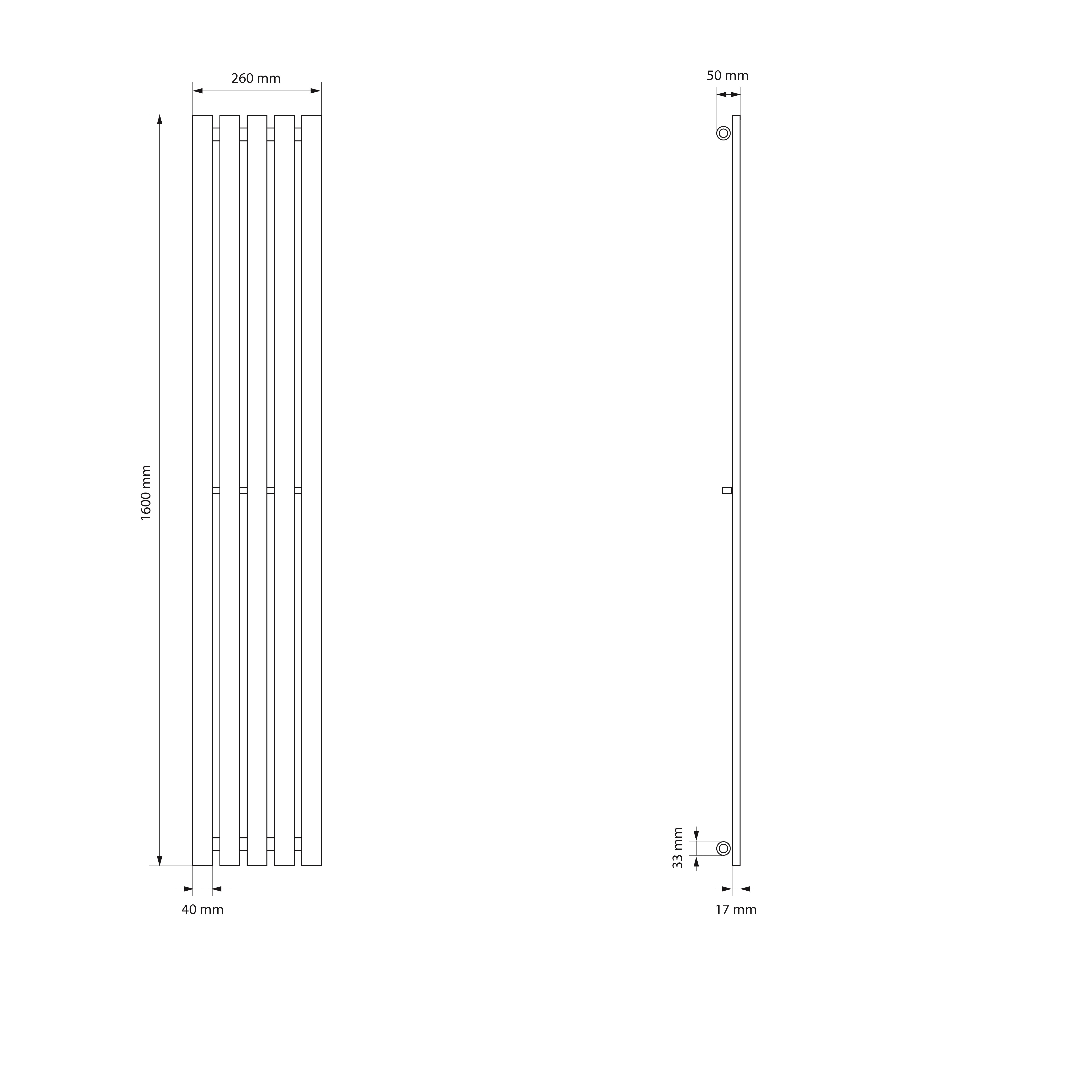 Dessin technique d'un radiateur avec dimensions et vue de côté.
