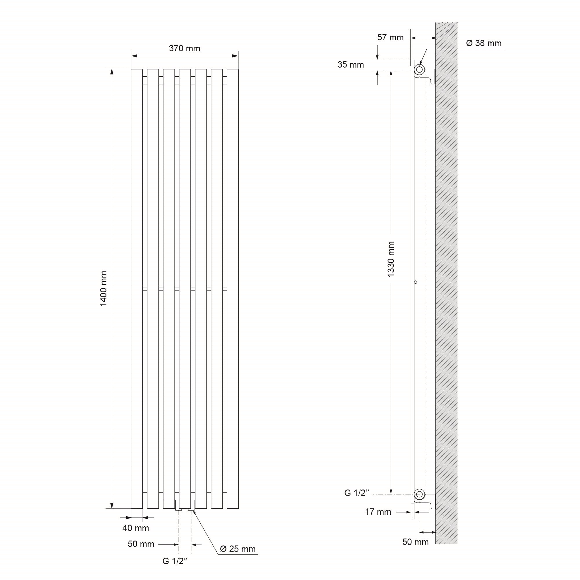 Disegno tecnico di un radiatore con misure e dettagli.