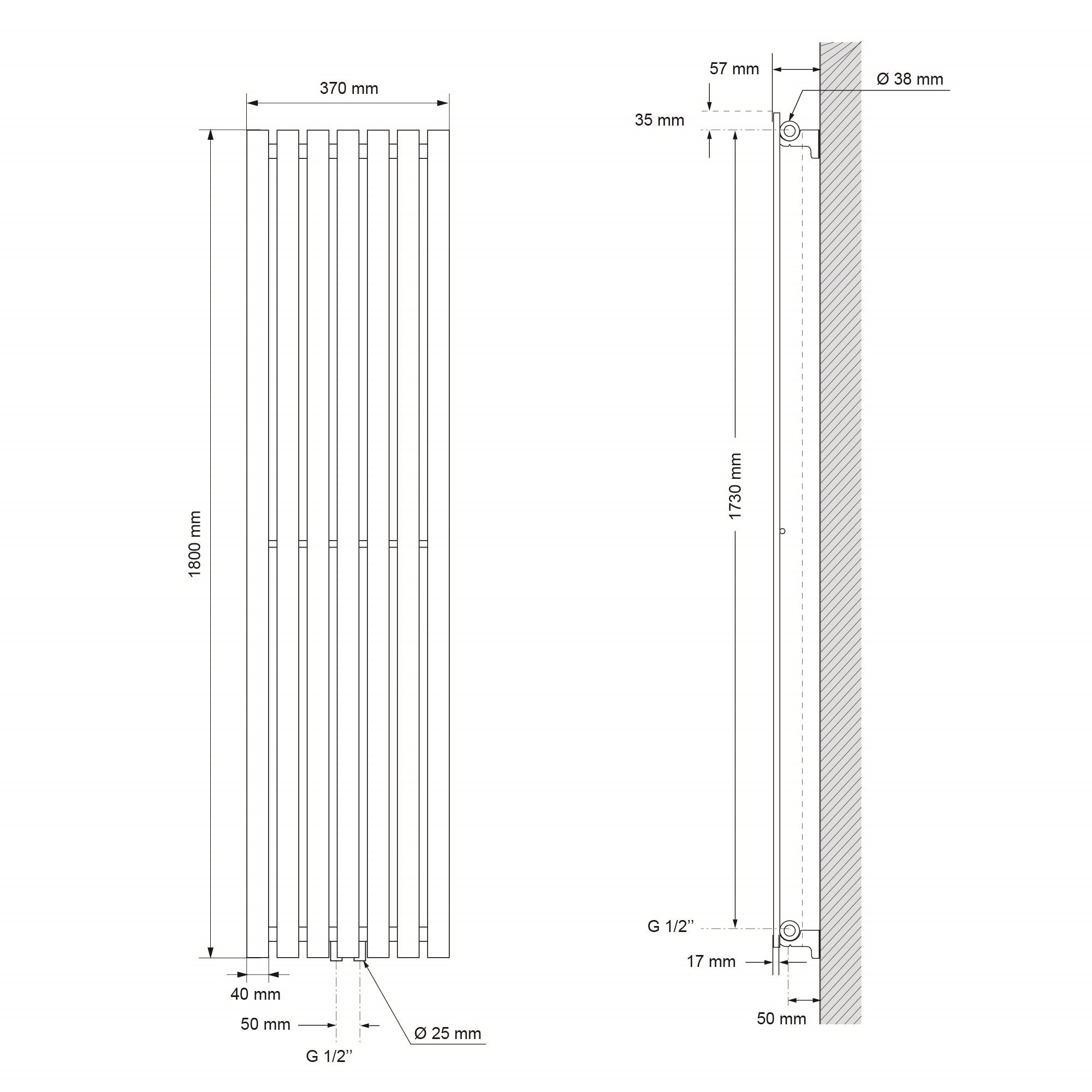 Technical drawing of a radiator with dimensions and side view.