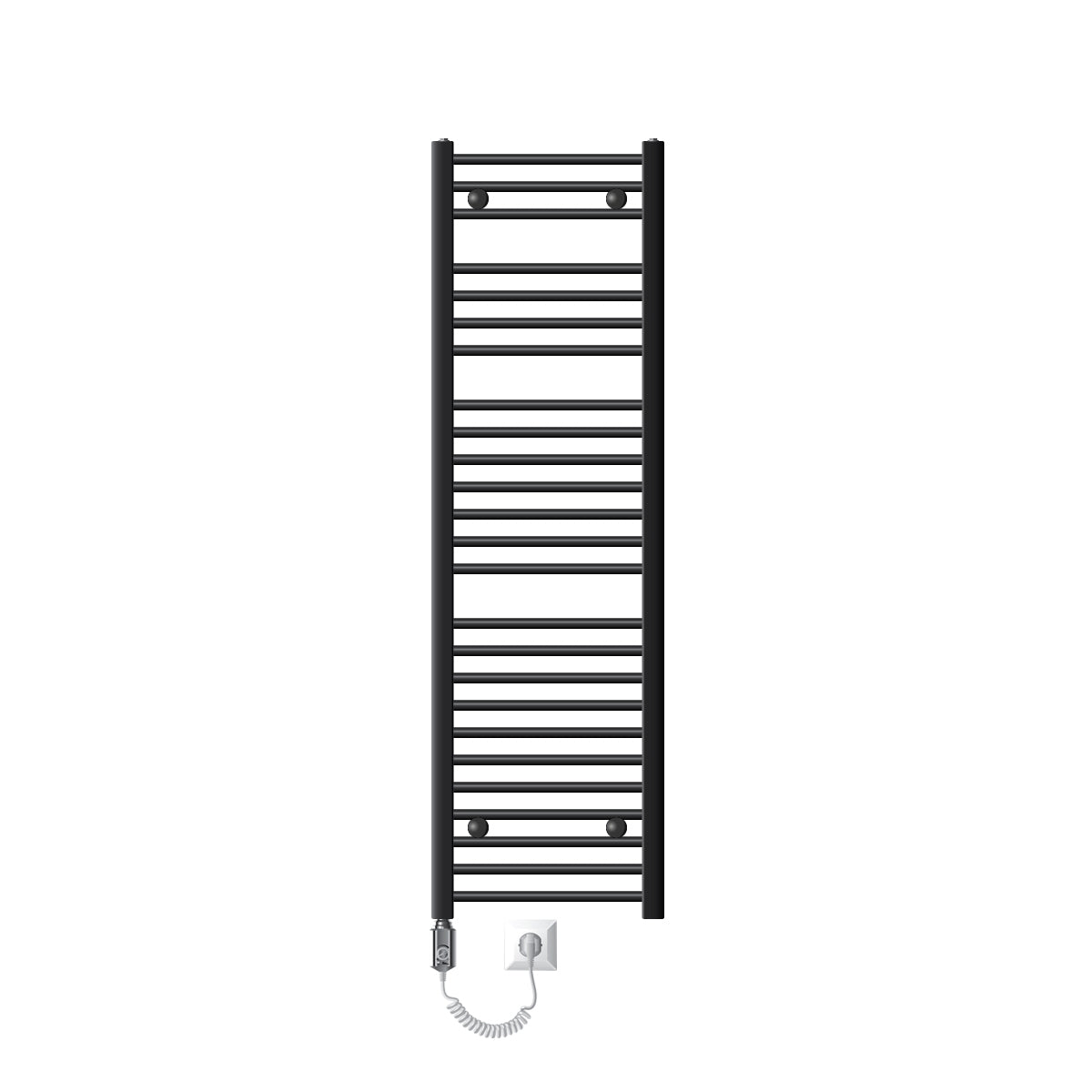 Smalle zwarte elektrische handdoekradiator met kabel.