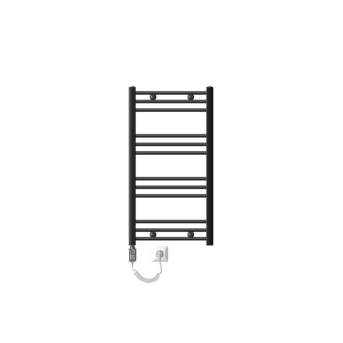 Black towel radiator with five horizontal bars.