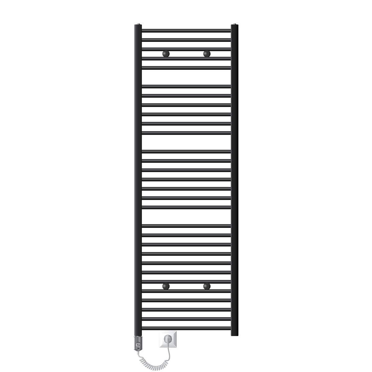 Zwarte handdoekradiator met horizontale spijlen, compacte bouw.