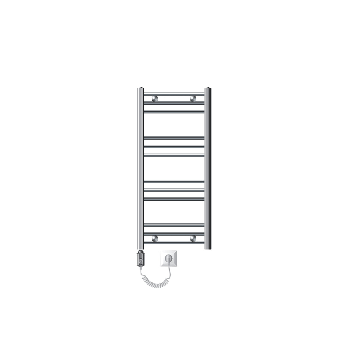 A narrow towel warmer with heating rods in vertical arrangement.