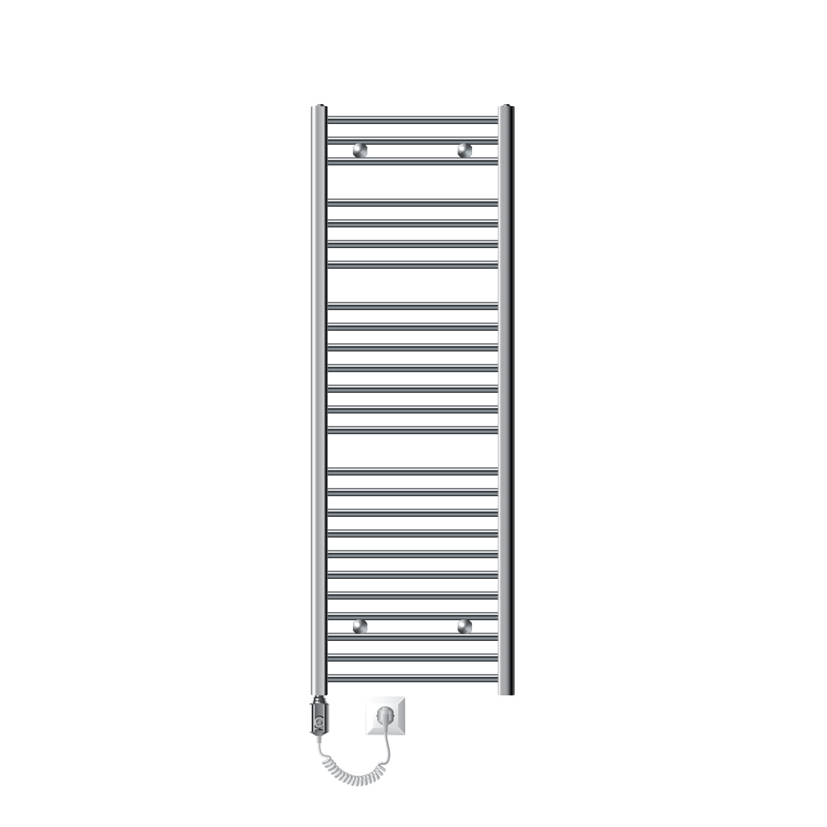 Un scaldasalviette elettrico verticale con più barre e un punto di connessione.