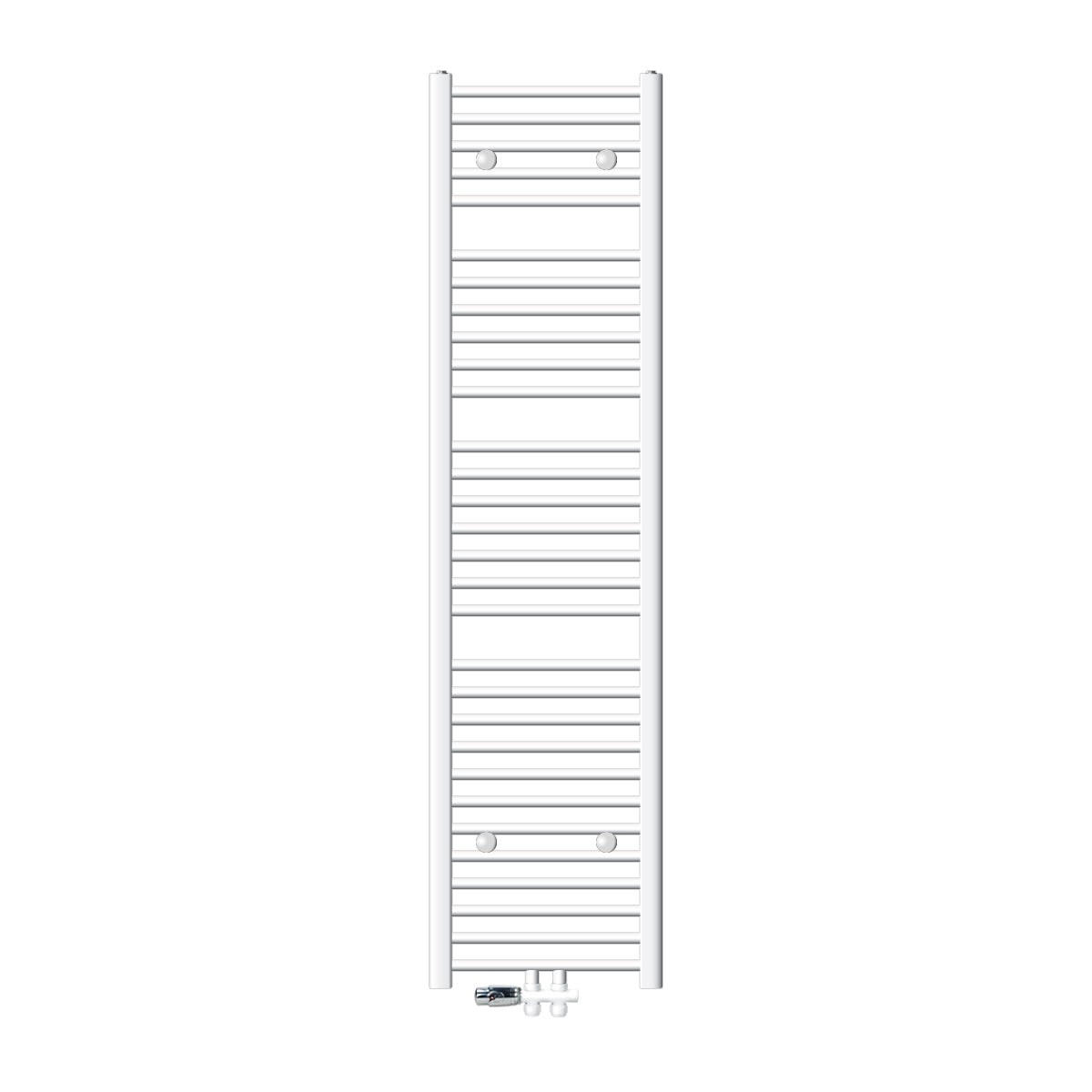 Un radiador vertical con aletas horizontales en blanco.