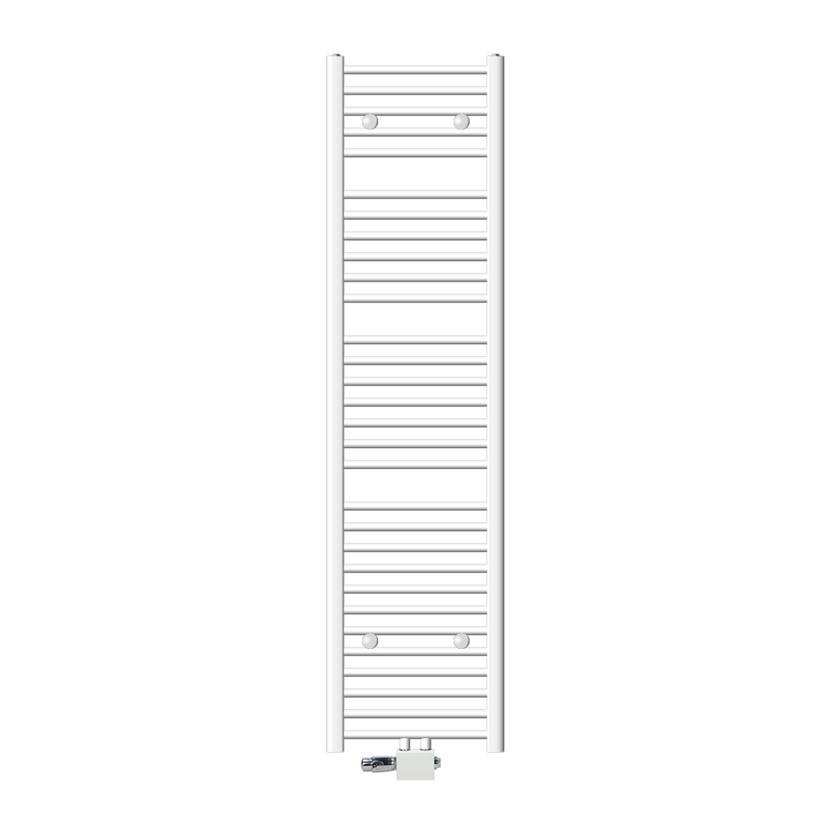 Tall, white towel radiator with vertical bars.