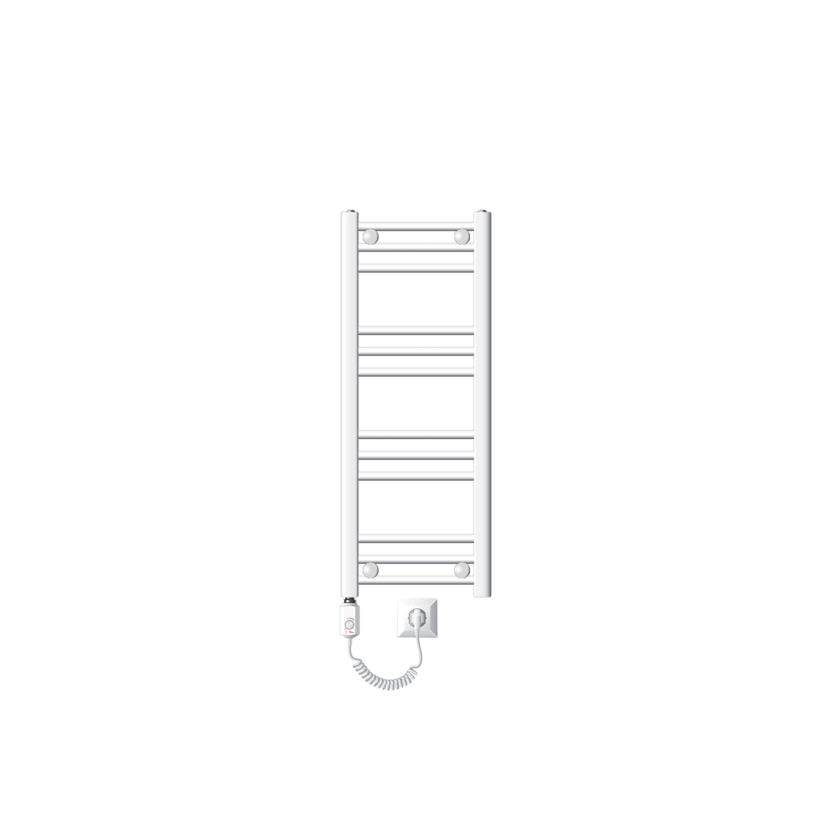 A narrow electric towel warmer with horizontal bars.