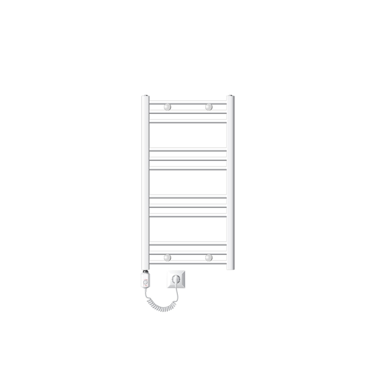An electric radiator with horizontal fins and cable connection.