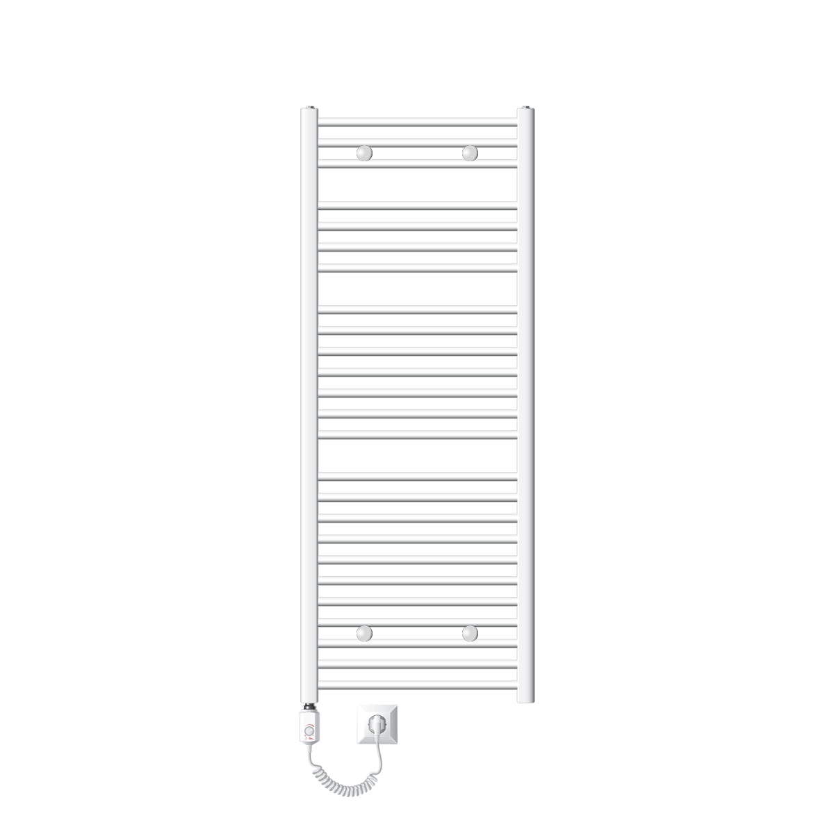 Radiateur électrique blanc, avec plusieurs lamelles horizontales.