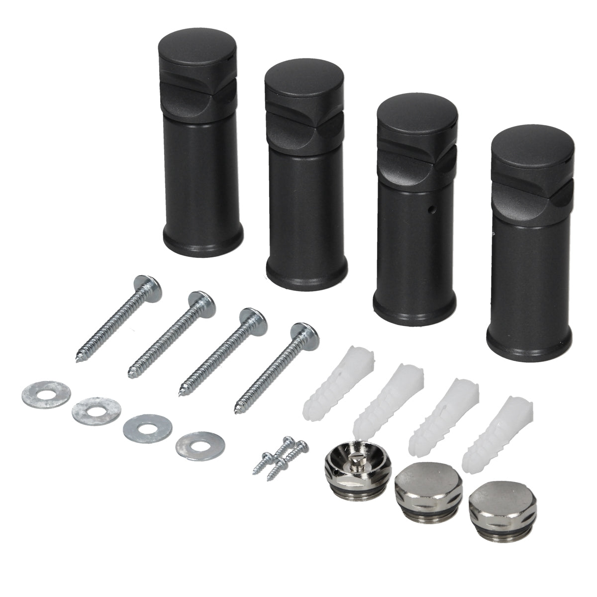 Set di montaggio antracite con vari elementi di fissaggio.