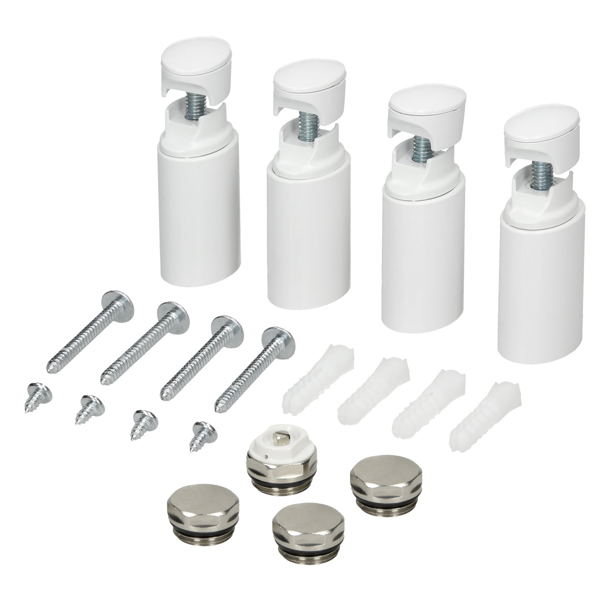 Kit de montage avec supports blancs, vis et couvercles.