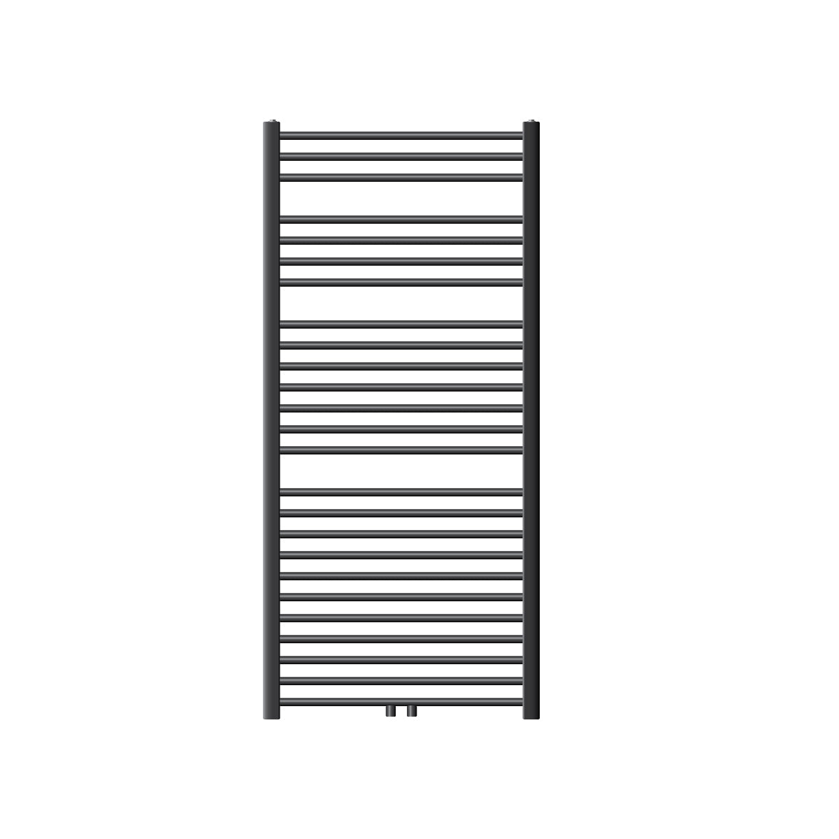 Un radiateur vertical anthracite avec de nombreuses barres horizontales.