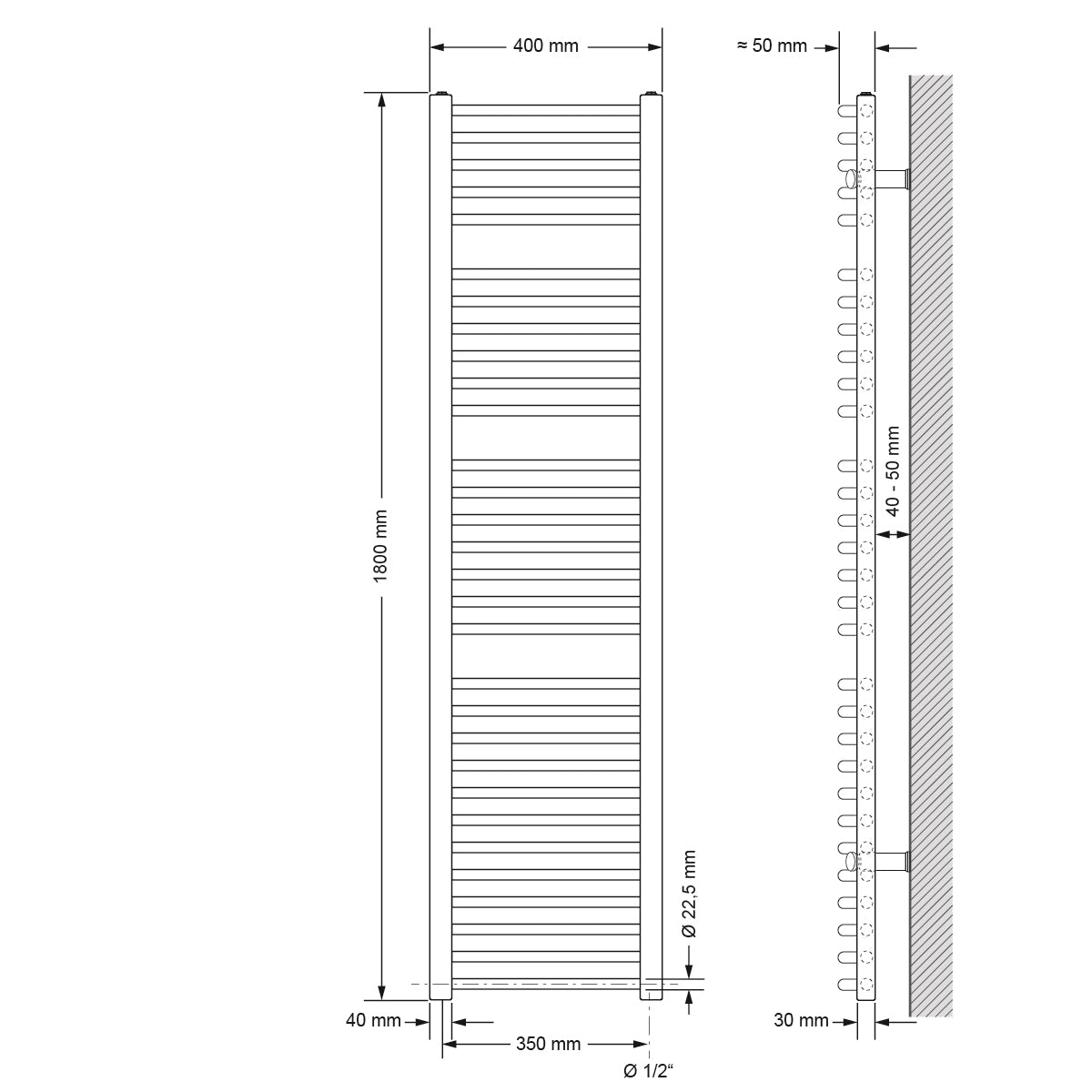 Radiatore dritto con elementi curvi, dimensioni 40 cm x 180 cm.