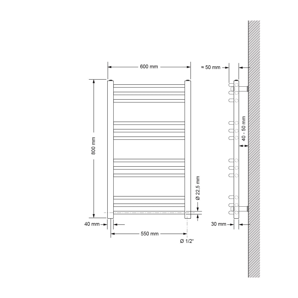 Scaldasalviette con forma curva, 60x80 cm, in bianco.