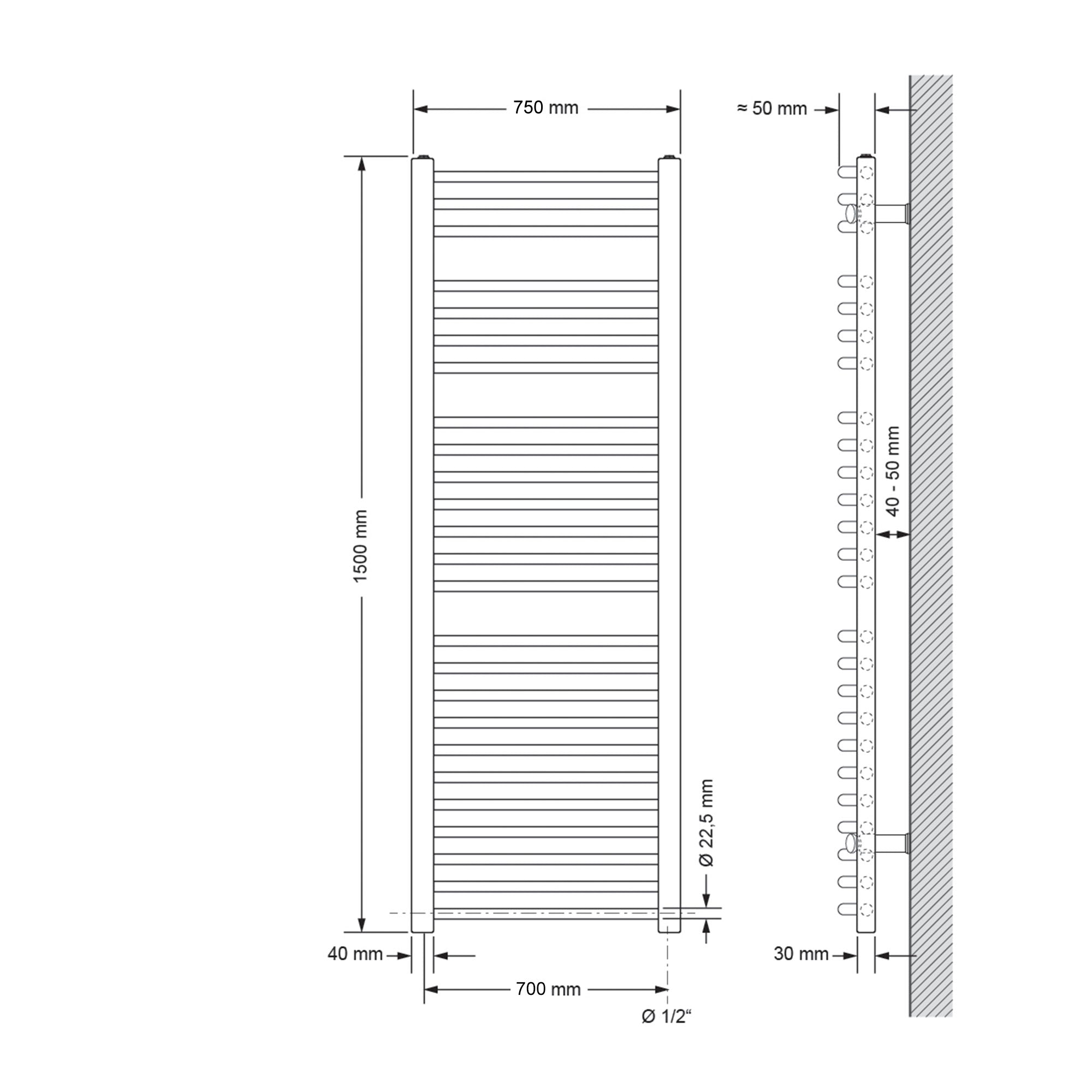 Dessin technique d'un radiateur à serviettes courbé.