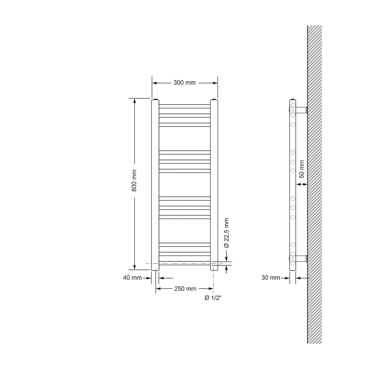 Rechthoekige radiator met een breedte van 30 cm en een hoogte van 80 cm, verticale lamellen.